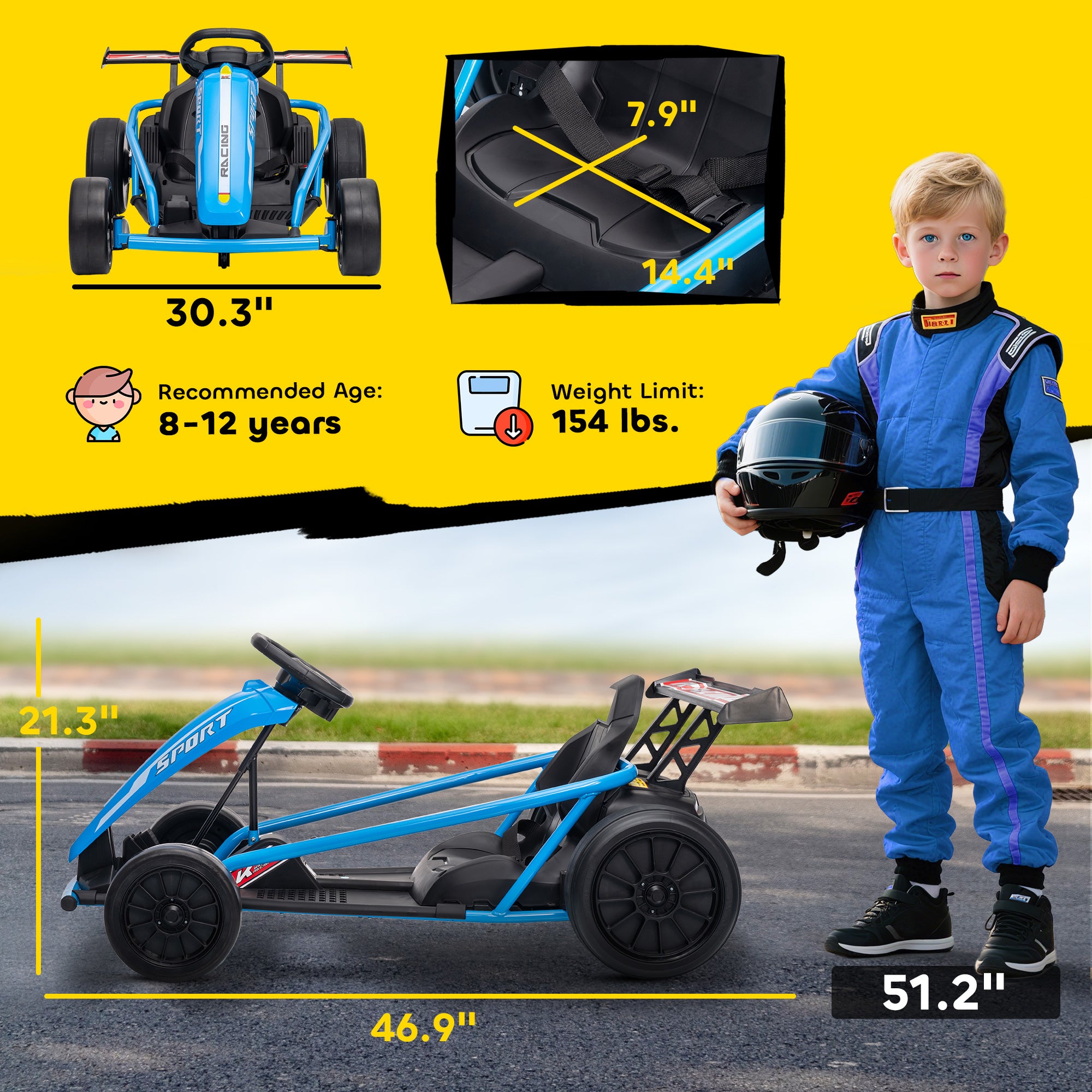 24V 7AH Kids Electric Go Kart, 8.1 MPH Battery Powered Drift Kart with Dual Motors, Soft Start for 8-12 Years, Blue