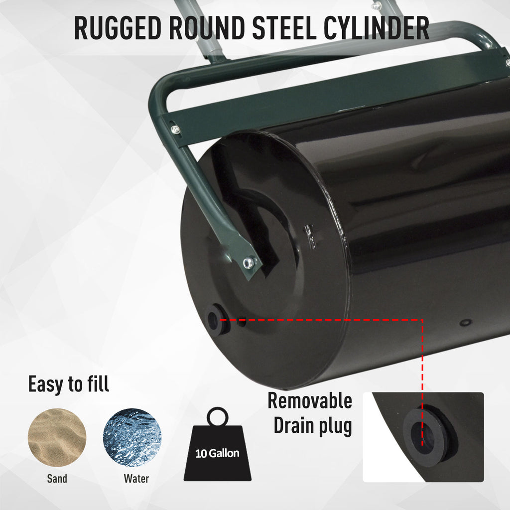 20-Inch Push/Tow Behind Lawn Roller Filled with 10 Gal Water or Sand for Flattening Sod in the Garden, Dark Green