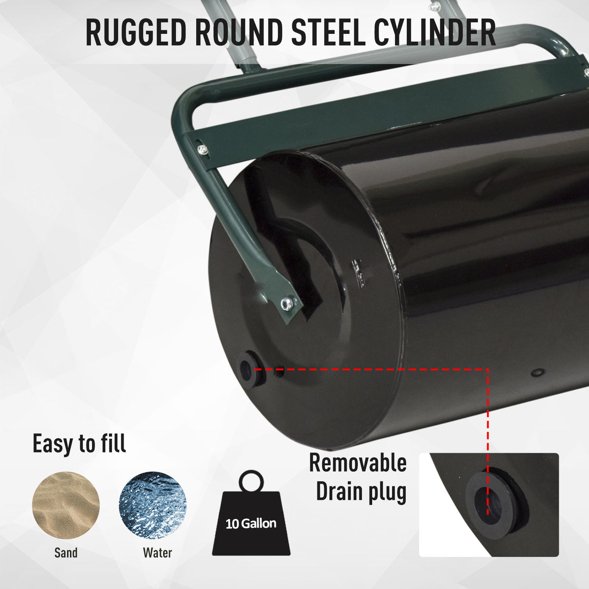 20-Inch Push/Tow Behind Lawn Roller Filled with 10 Gal Water or Sand for Flattening Sod in the Garden, Dark Green