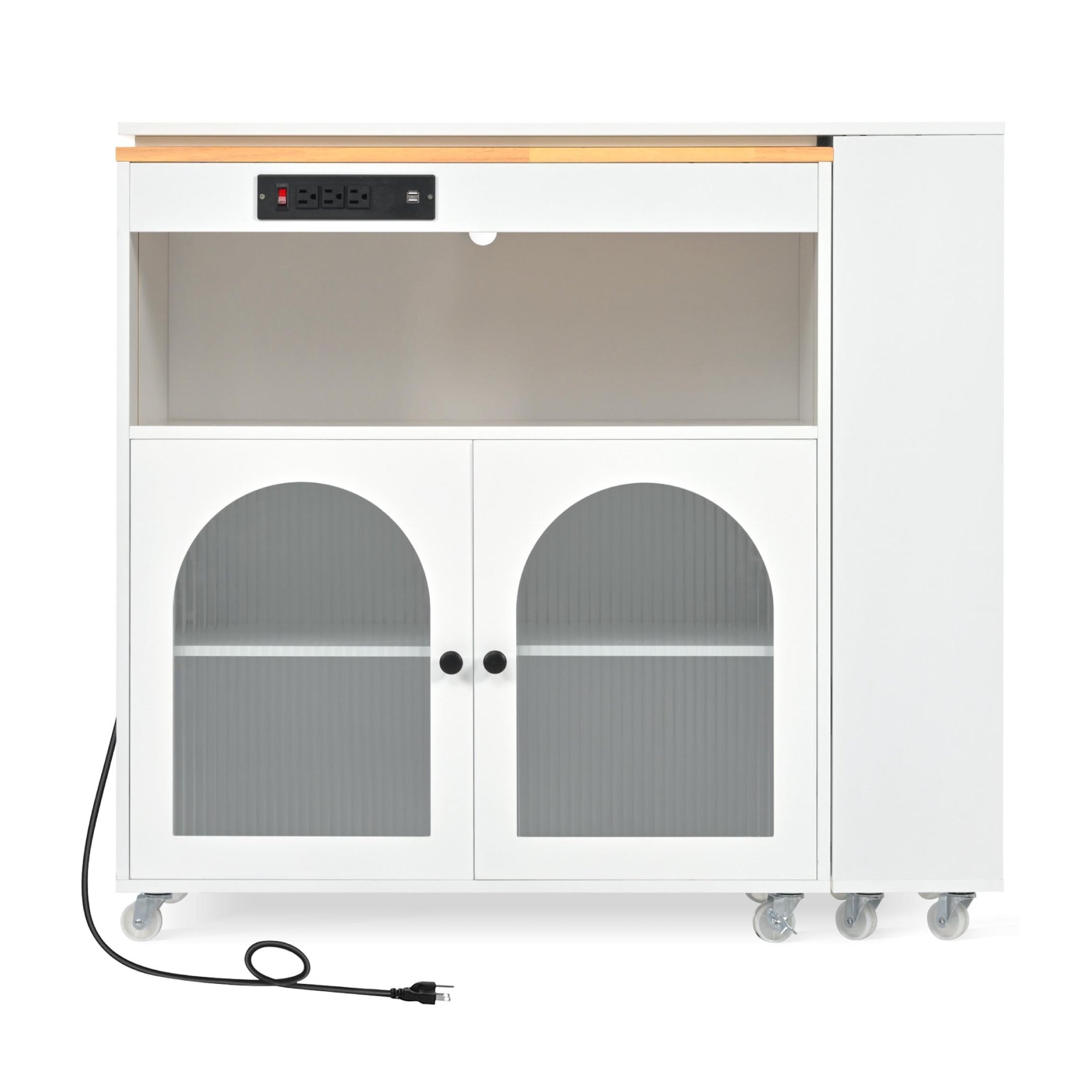 LED Kitchen Island with Extended Table, Power Outlets, Fluted Glass Doors, Utility Cart with Shelves and Cabinet, 56.5" L x 33" W x 38" H, White