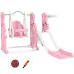4 in 1 Toddler Slide and Swing Set with Climber, Basketball Hoop, Rabbit Themed Kids Playset for Ages 1.5-4, Pink
