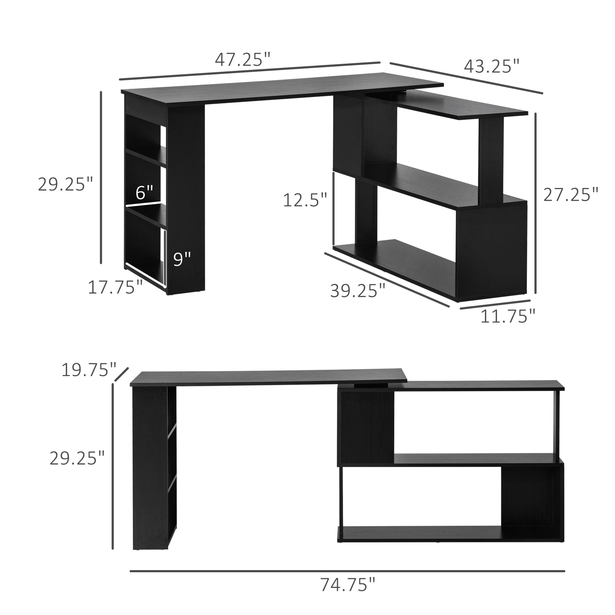 L Shaped Desk, Corner Computer Desk, 360 Degree Rotating Home Office Desk with Storage Shelves, Writing Table Workstation, Black