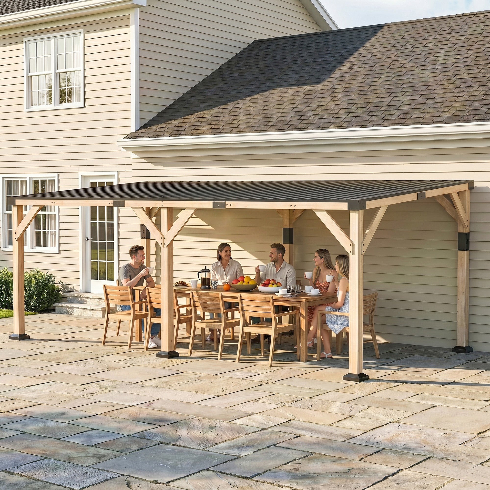 10' x 20' Wooden Gazebo, Hardtop Lean-to Gazebo Pergola with Galvanized Steel Sloped Roof, Light Walnut