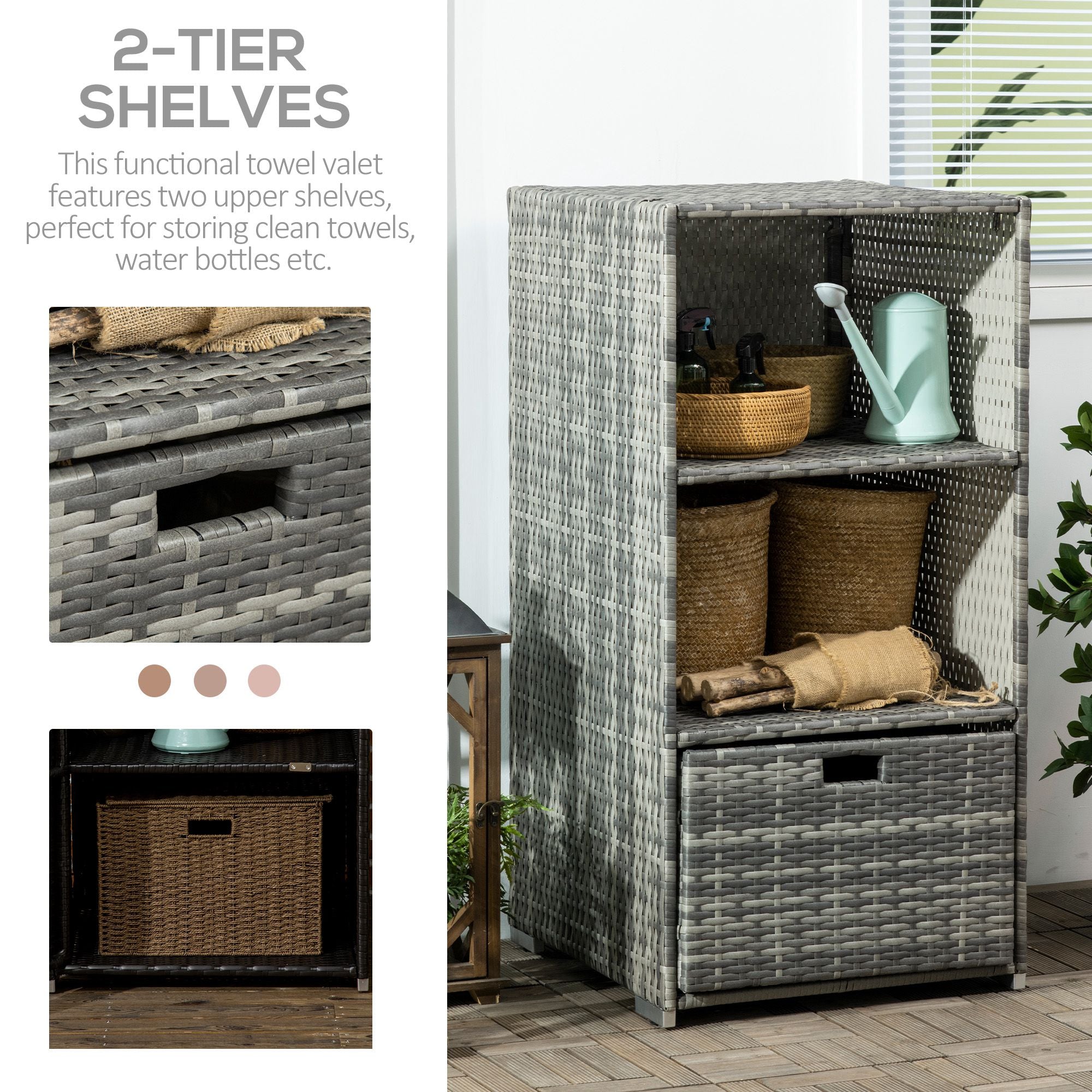 Valet Pool Towel Rack, Waterproof PE Plastic Rattan Wicker Storage Organizer, Indoor Outdoor Spa, and Hot Tub Accessory Storage, 2 Shelves, 1 Basket Drawer, Gray