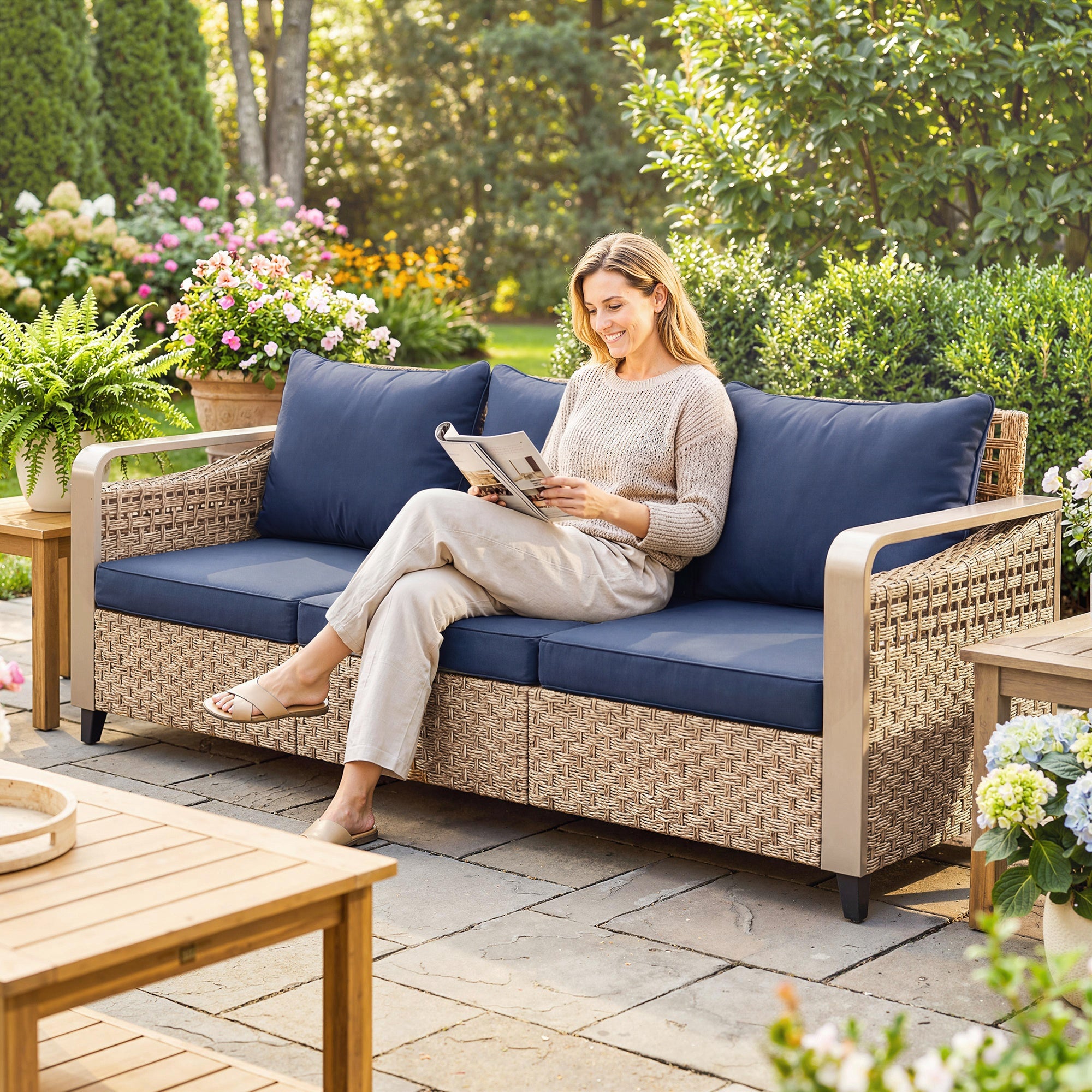 Rattan Wicker Sofa 3-Seater Outdoor Patio Sofa with Cushions for Garden Backyard Porch Dark Blue