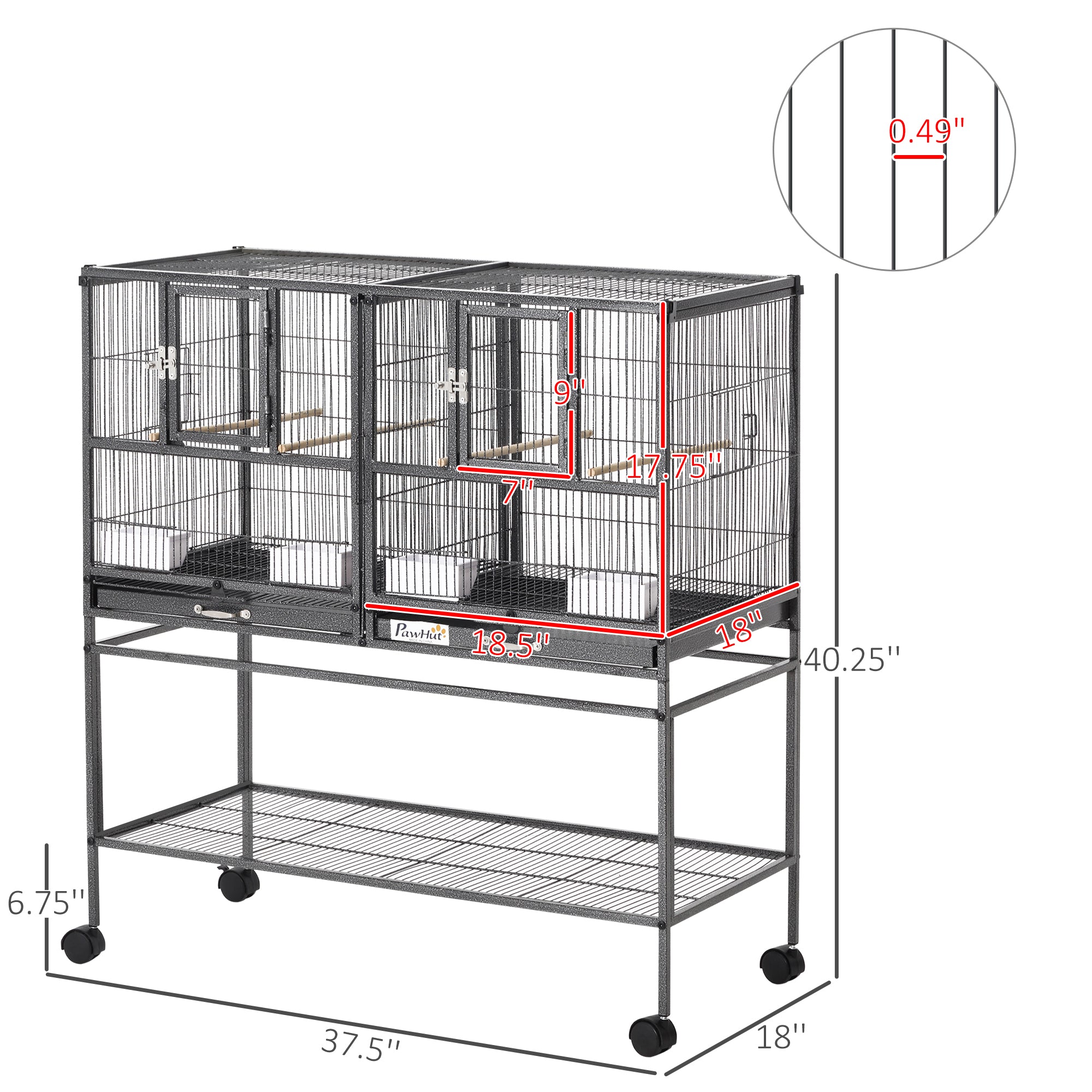 Divided Breeder Bird Cage with Rolling Stand Removable Metal Tray, Storage Shelf, Wood Perch, and Food Container