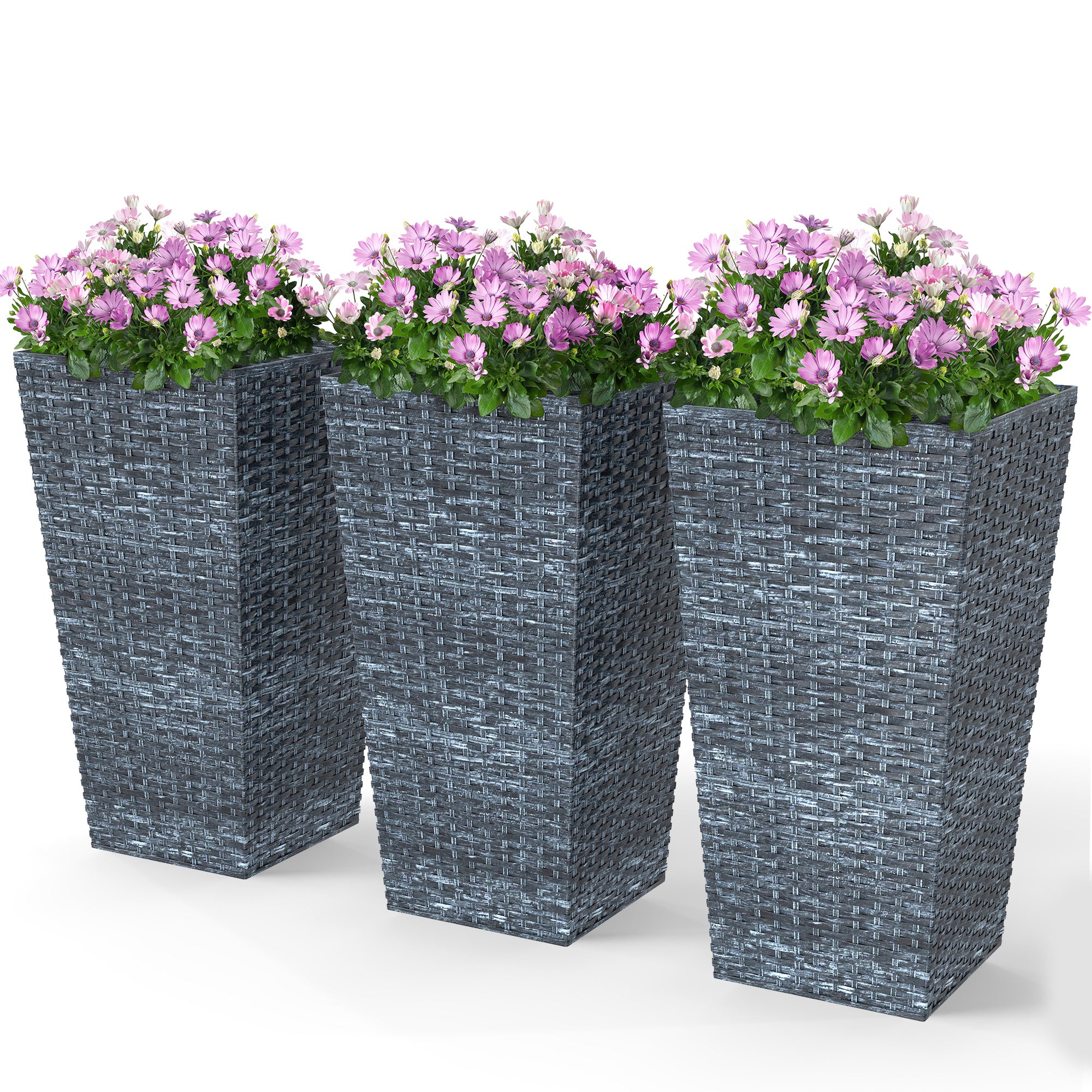 Tall Planters for Outdoor Plants Set of 3, 24 In Taper Planters with Drainage Holes, Rattan Decor Plant Pots for Indoor Outdoor Front Porch Patio Backyard, Gray