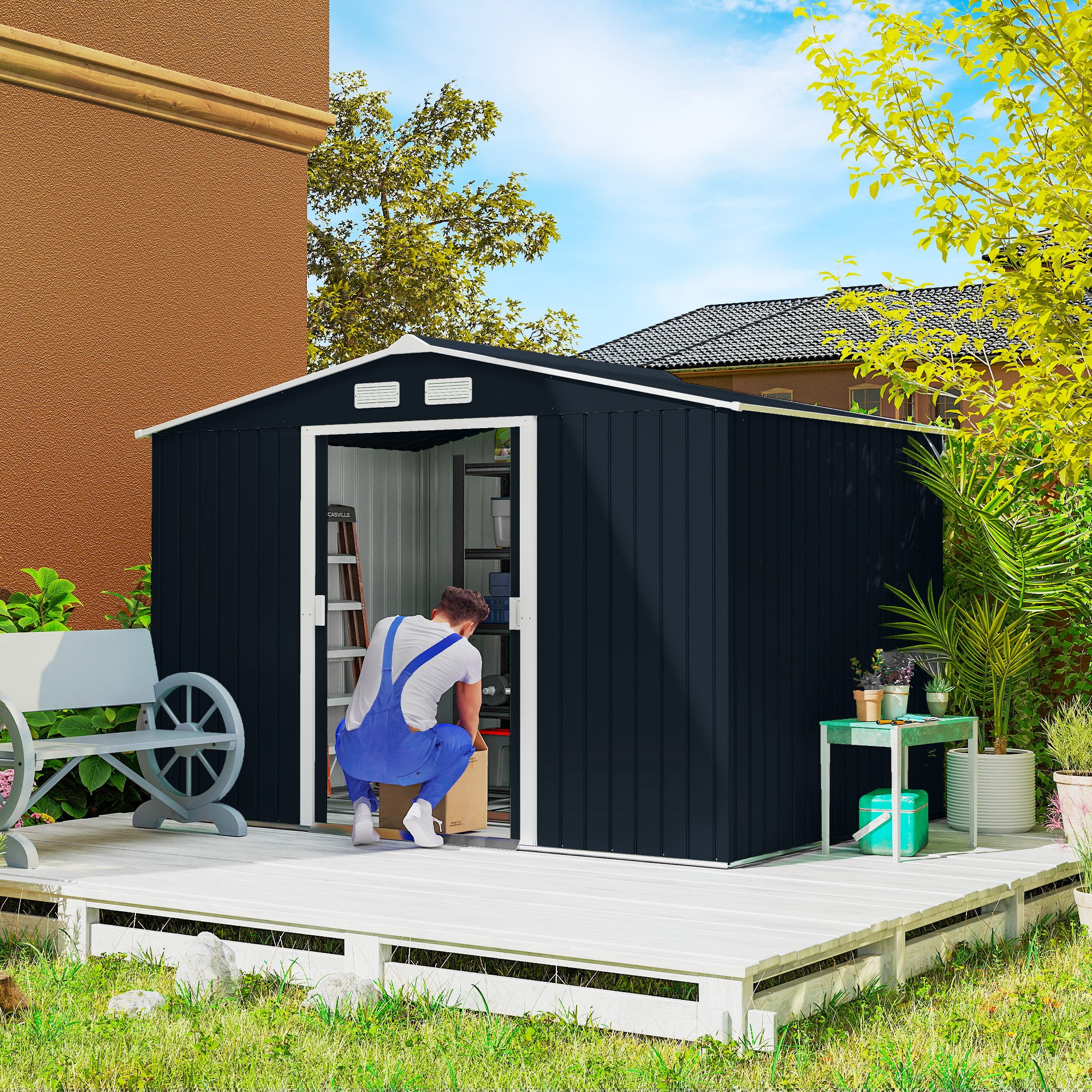 9' x 6' Outdoor Storage Shed, Garden Tool Metal Shed with Foundation Kit, Double Lockable Door, Air Vents and Sloping Roof, for Backyard, Patio, Lawn, Dark Gray