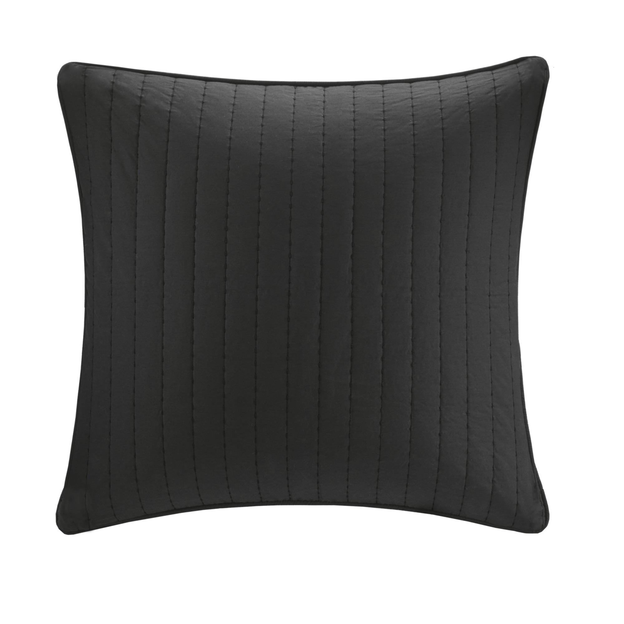 100% Cotton Quilted Euro Sham with Embroidery, Hidden Zipper, Farmhouse Machine Washable Pillowcase, 26" L x 26" W x 0.25" H, Black