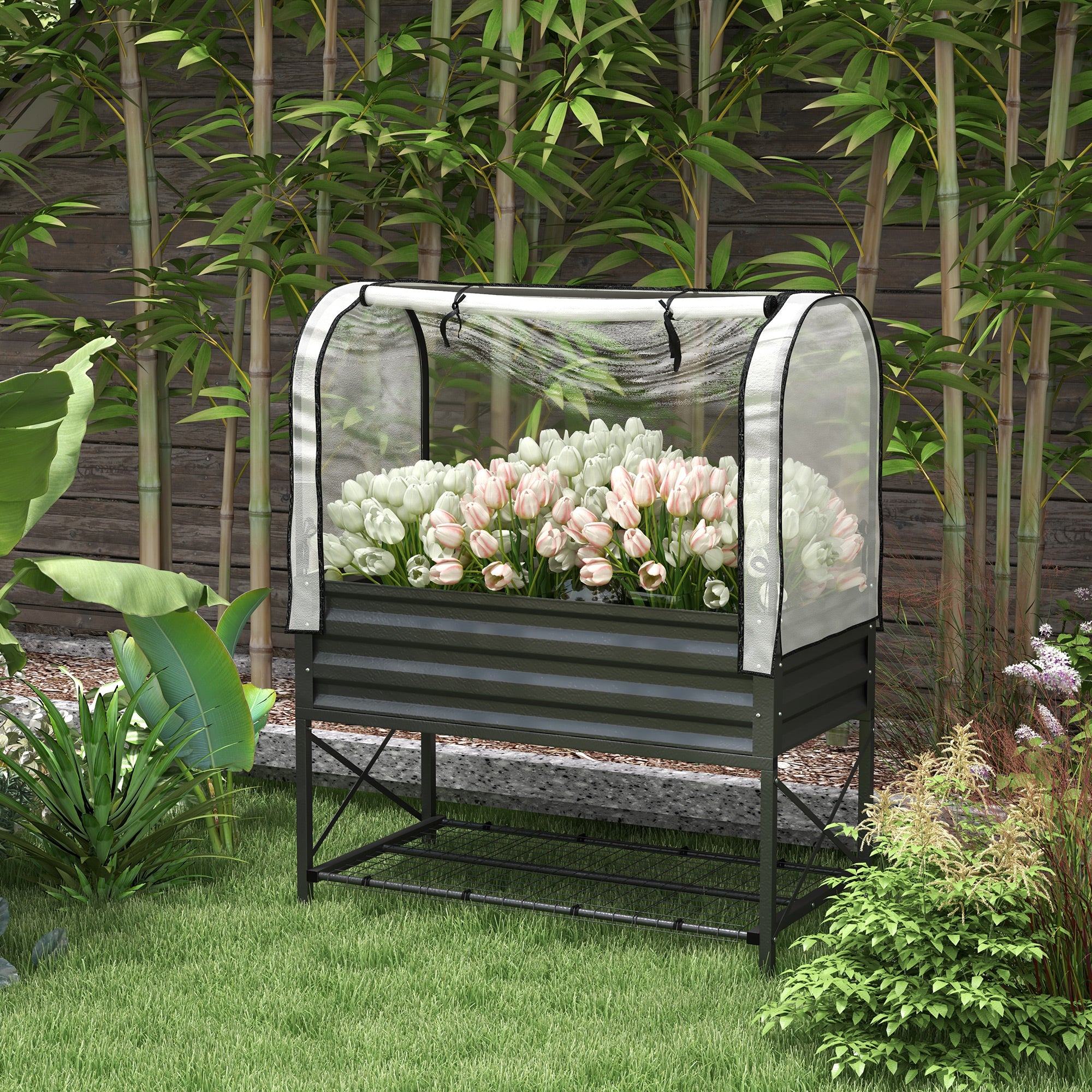 Raised Garden Bed with Legs and Cover, Metal Elevated Planter Box with Bottom Shelf and Liner for Vegetables, Black