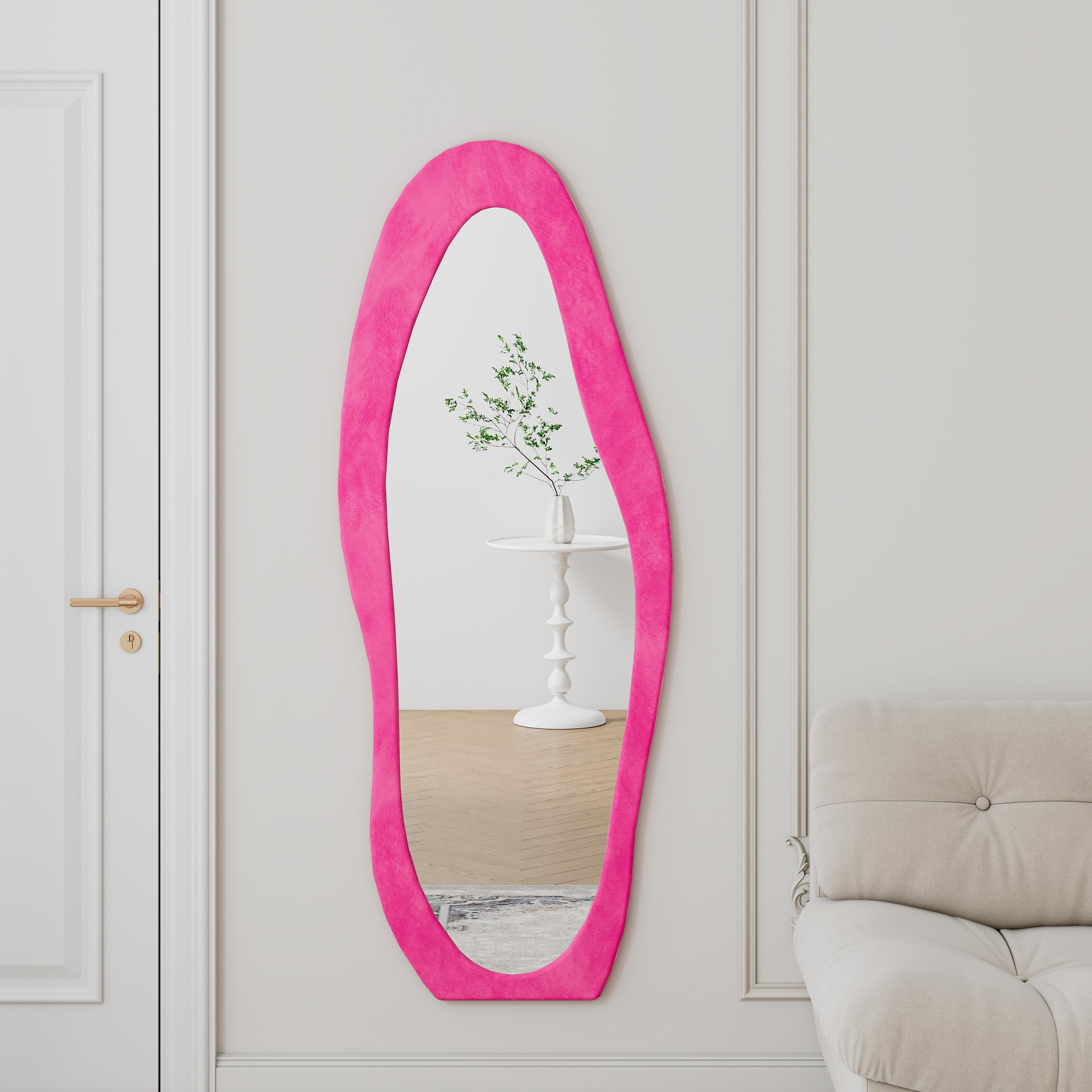 Full-Length Mirror with Flannel-Wrapped Wooden Frame, Irregular Wavy Design, Tempered Glass for Living Room, 63" L x 24" W x 2.5" H, Rose Pink