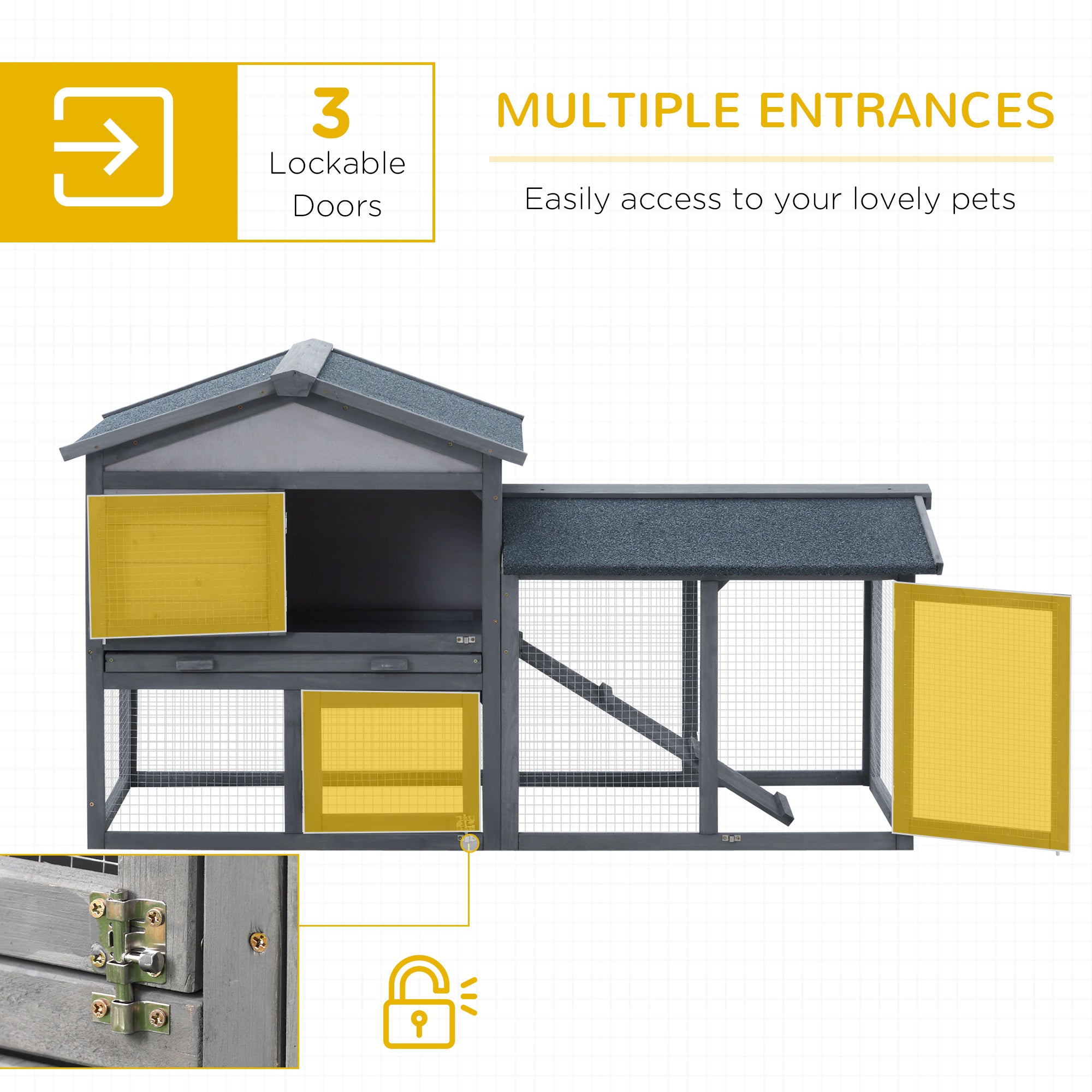 58" Large Rabbit Hutch Outdoor Indoor, Wooden Bunny Hutch, Guinea Pig Cage with Run, Removable Tray, Asphalt Roof, Lockable Doors and Ramp, for 1-2 Small Rabbits, Chickens, Ducks, Dark Gray