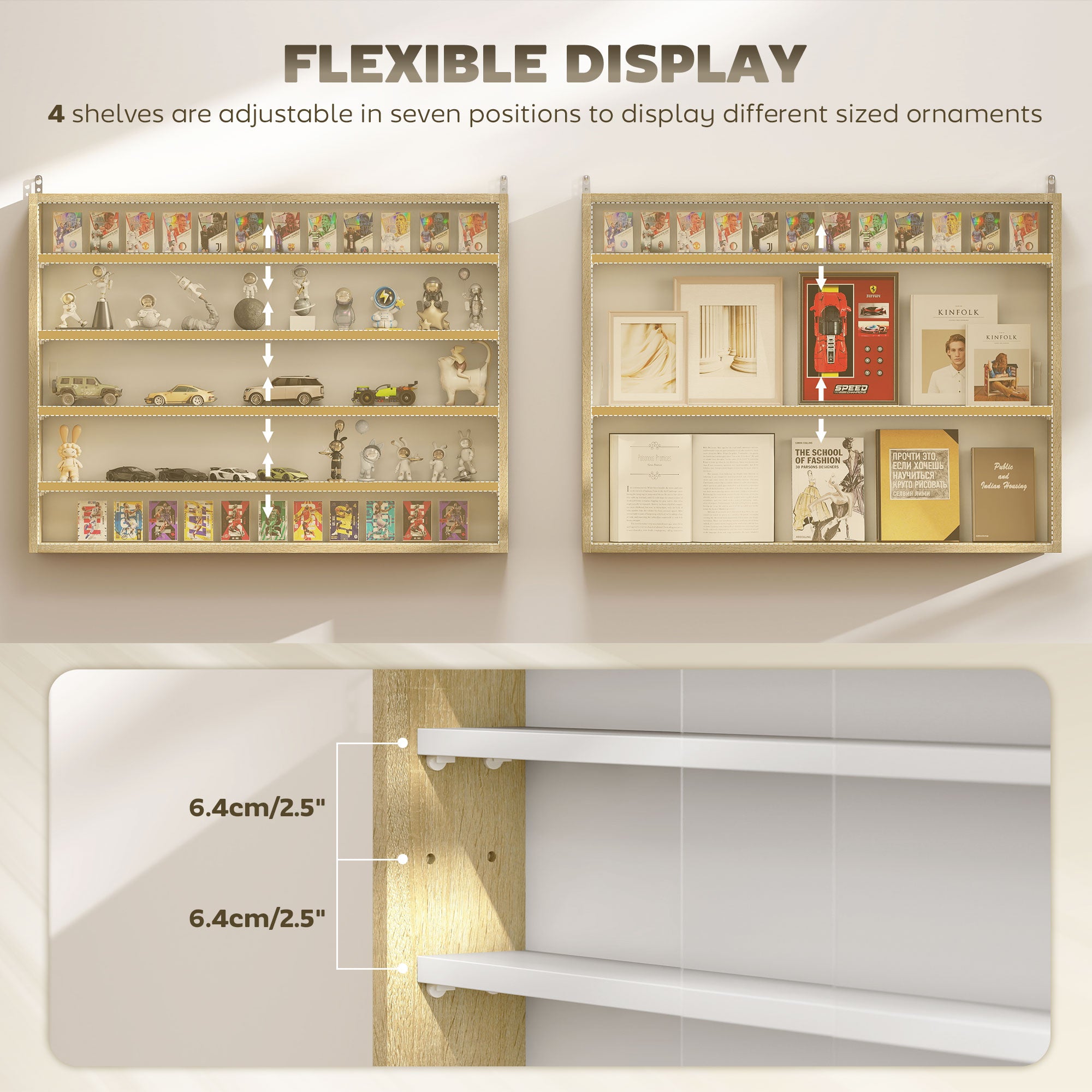 5-Tier Display Cabinet, Wall-Mounted Display Case with 2 Glass Doors and Adjustable Shelves, Oak and White