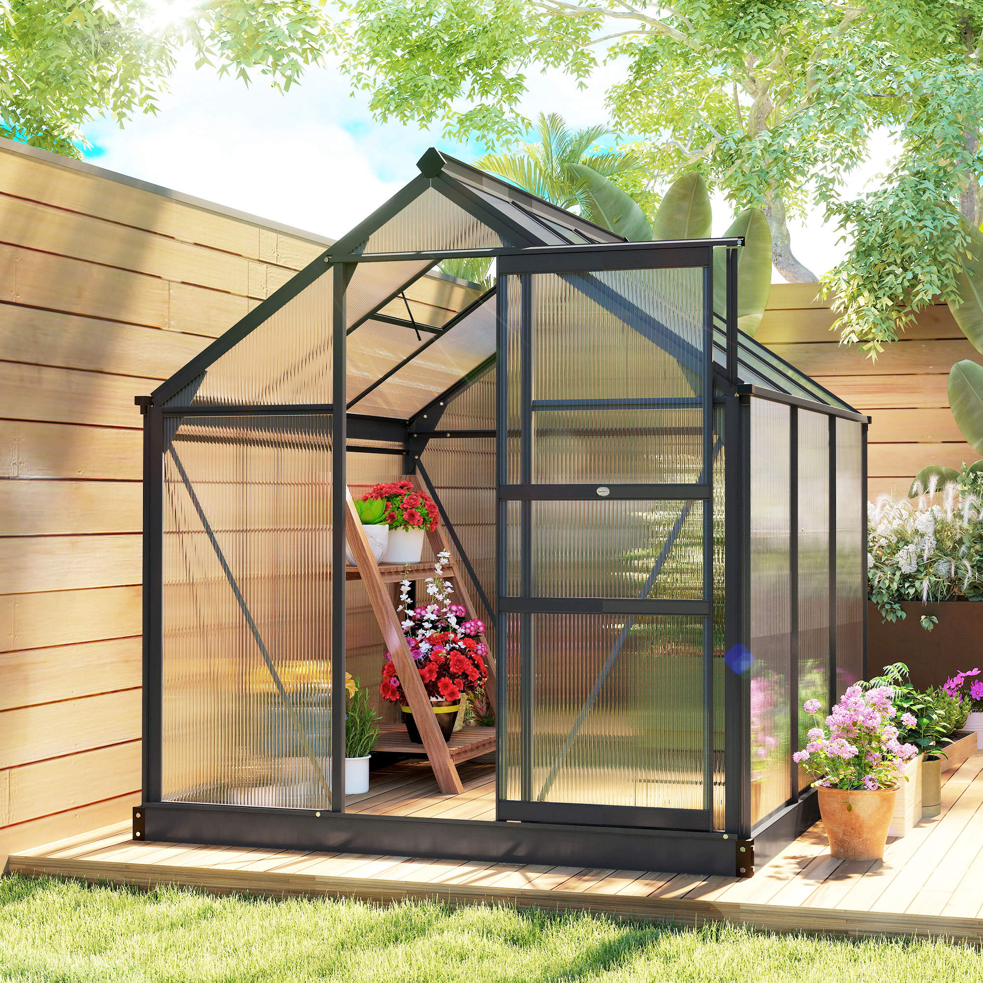 Polycarbonate Greenhouse, Heavy Duty Outdoor Aluminum Walk-in Green House Kit Vent Door, 6.2'x6.2'x6.6' Gray