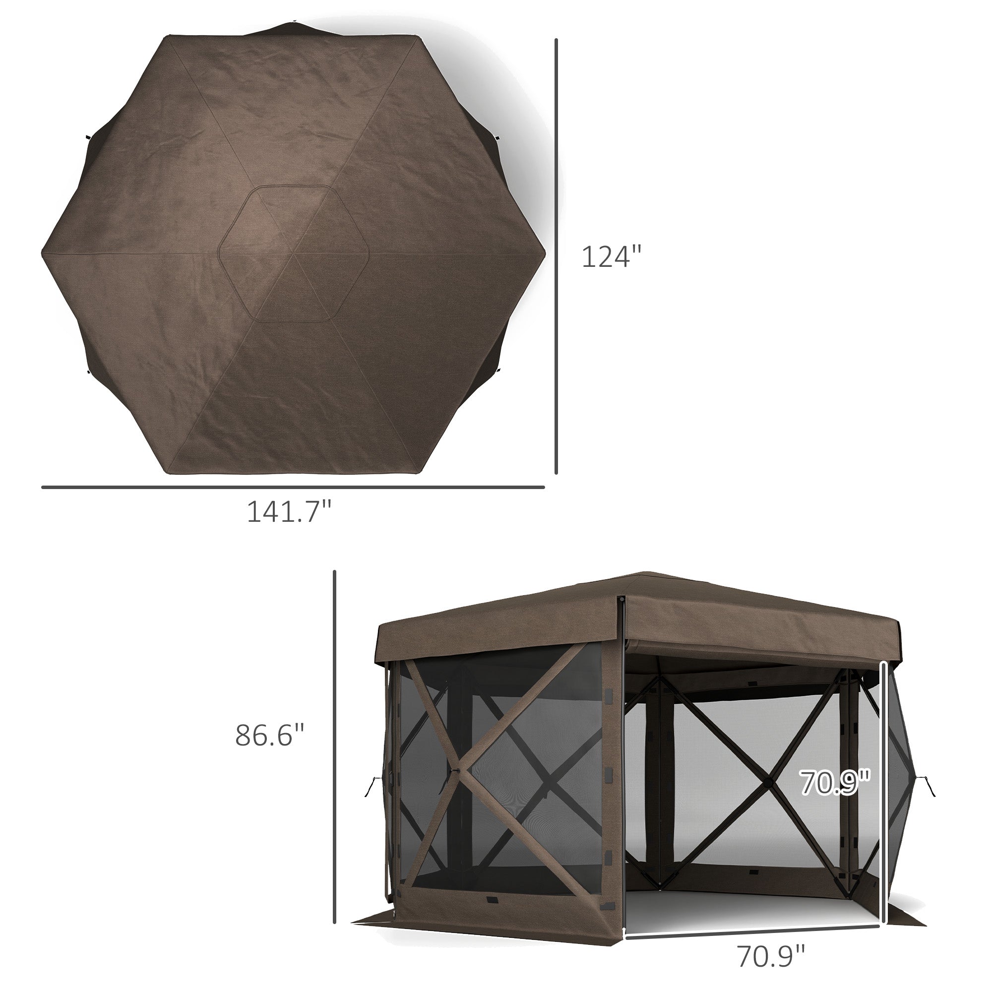 12' x 12' Hexagonal Pop Up Gazebo Canopy Tent with 5 Sidewalls, Outdoor Canopy Shelter with Carry Bag, Brown