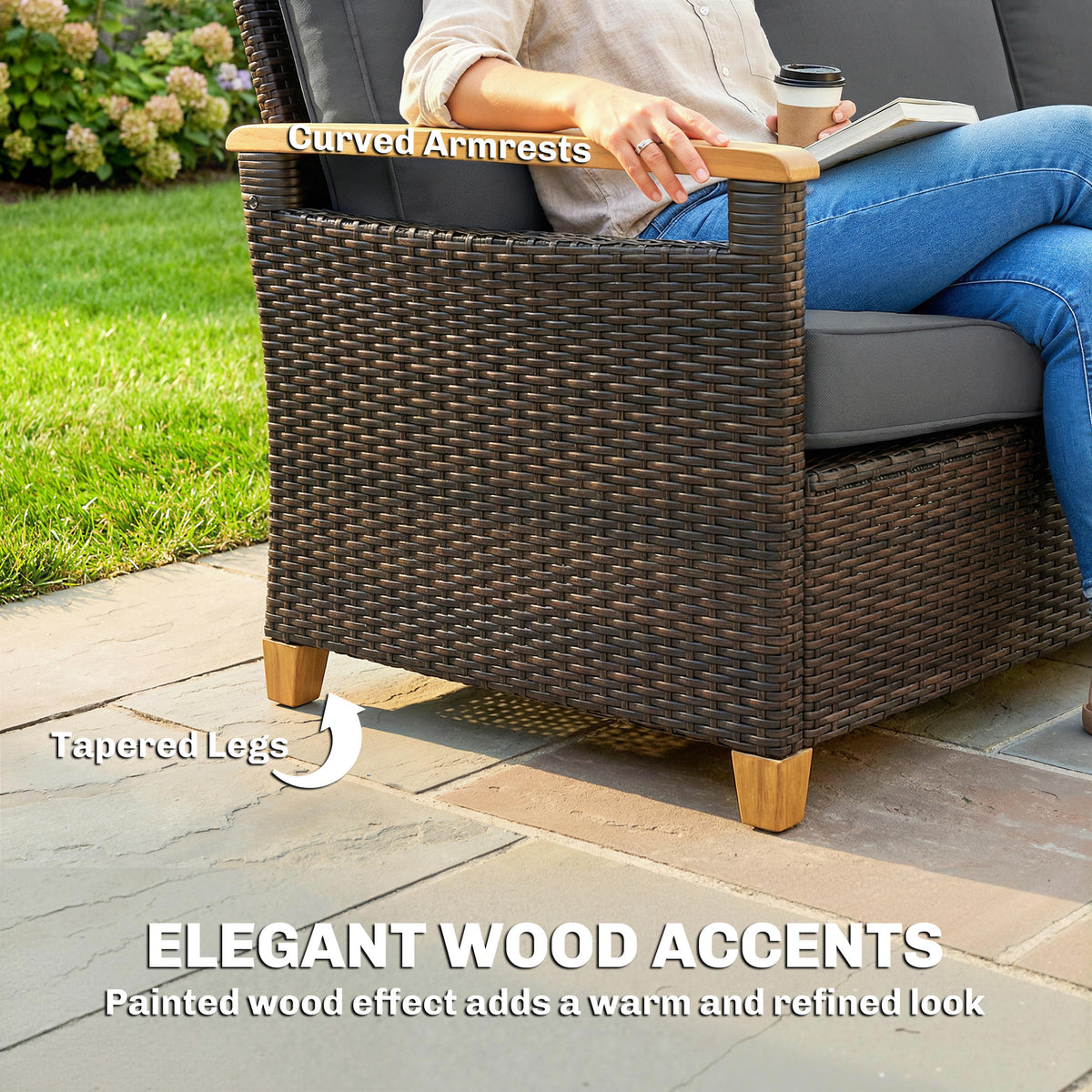 3 Seater Outdoor Couch Sofa, PE Wicker Patio Sofa, Wide Deep Seat, 4" Cushions, Wood-Effect Armrests Legs, Gray