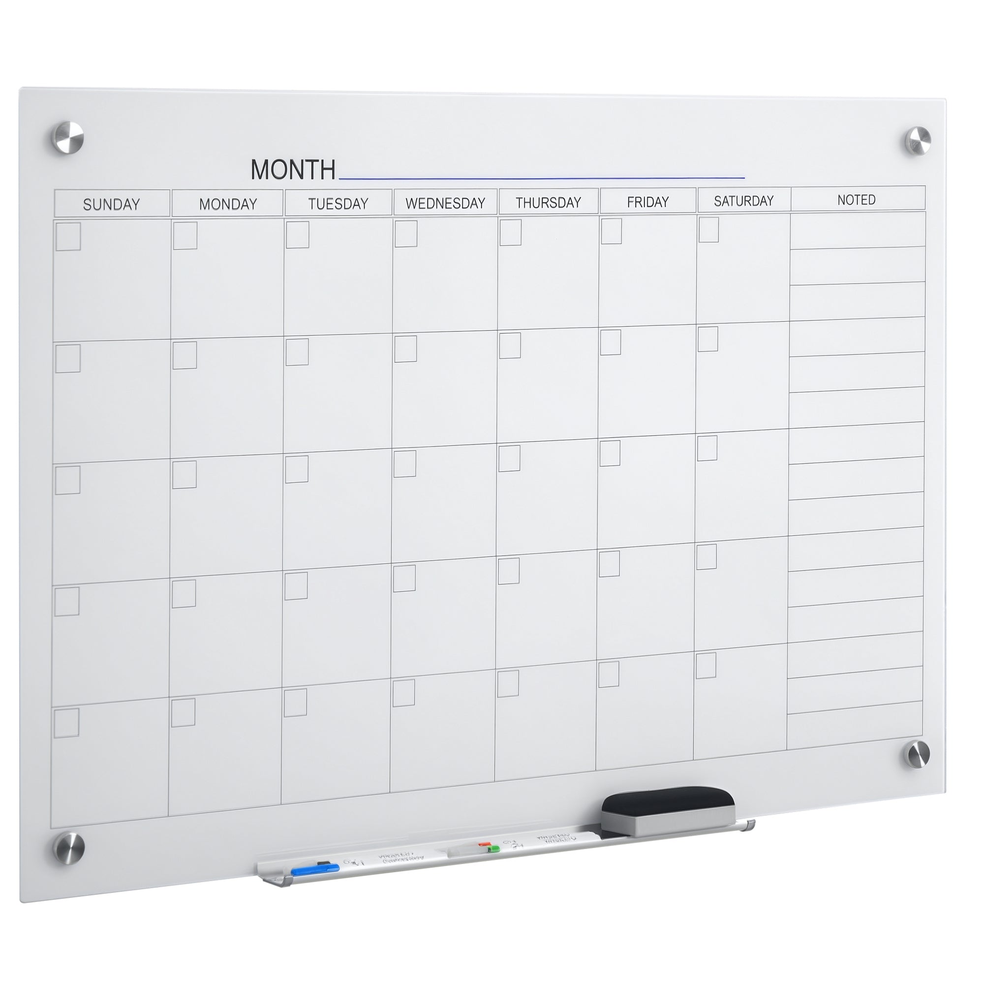 35"x23" Dry Erase Wall Calendar Glass Whiteboard Monthly Planner for Homeschool Supplies & Home Office Organization with 4 Markers and 1 Eraser,Frameless