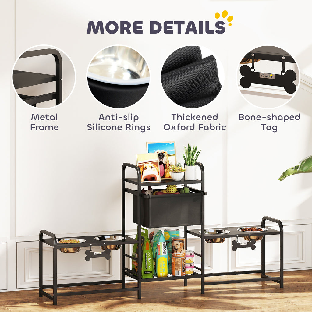 3 Height Adjustable Dog Bowl Stand with 2 Feeding Stations, Toy Bin Basket, Black
