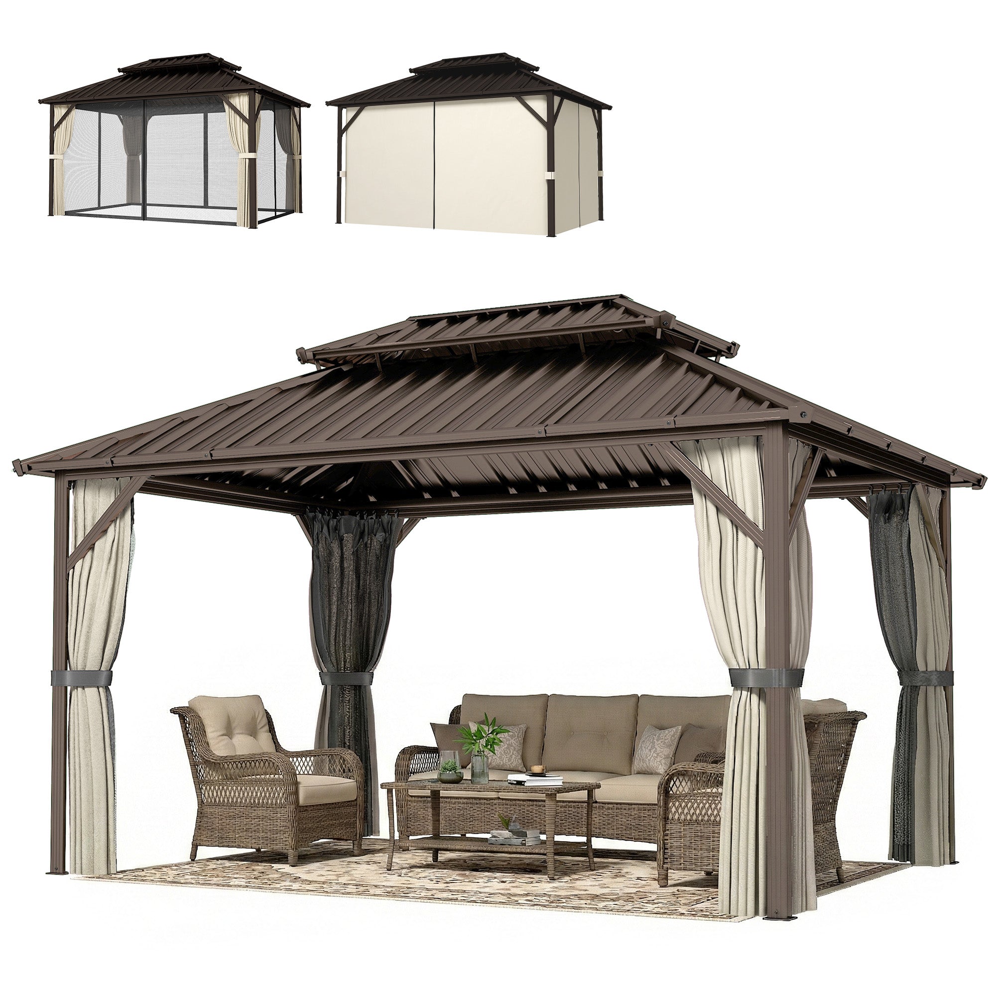 10' x 14' Hardtop Gazebo with Double Galvanized Steel Roof Canopy, Aluminum Frame Permanent Gazebo, Brown