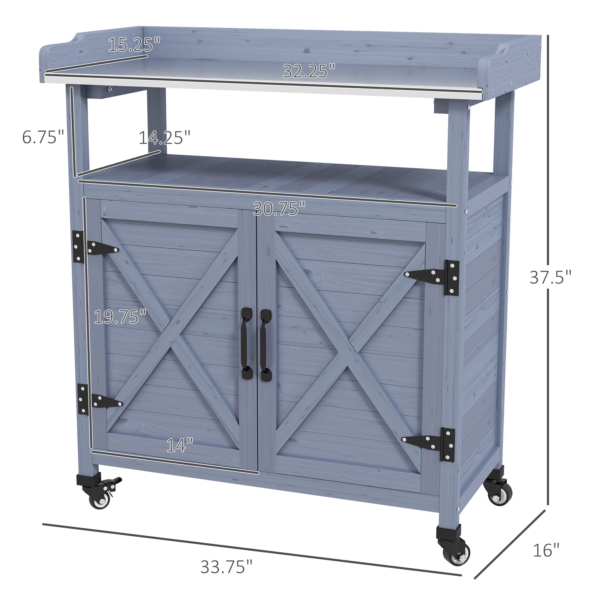 Outdoor Wooden Potting Bench with Storage Cabinet, Aluminum Tabletop, Rubber Wheels for Backyard, Patio, Balcony, Gray