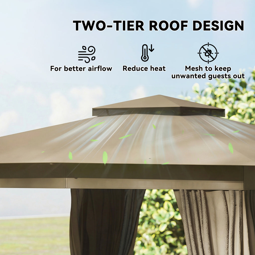 10' x 12' Outdoor Patio Gazebo, Soft Top Gazebo Canopy Shelter with Curtains, Netting, Steel Frame, Hooks, Khaki