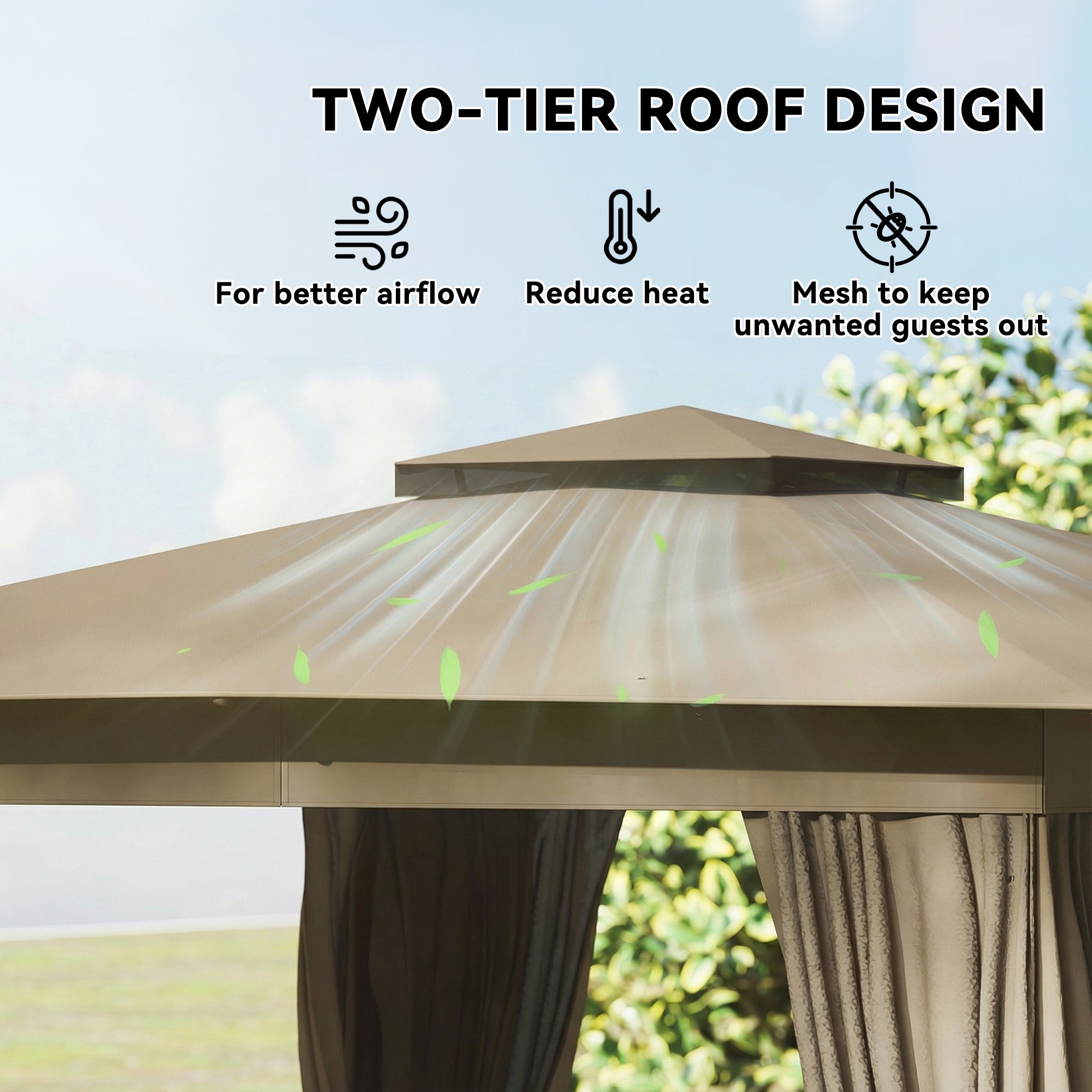10' x 12' Outdoor Patio Gazebo, Soft Top Gazebo Canopy Shelter with Curtains, Netting, Steel Frame, Hooks, Khaki