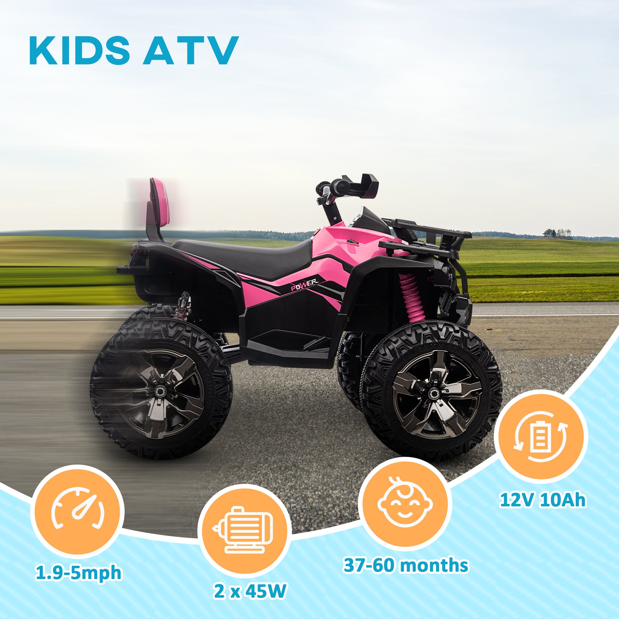 12V 4 Wheeler Kids ATV with Music, Headlights for 37-60 Months Boys and Girls, Pink