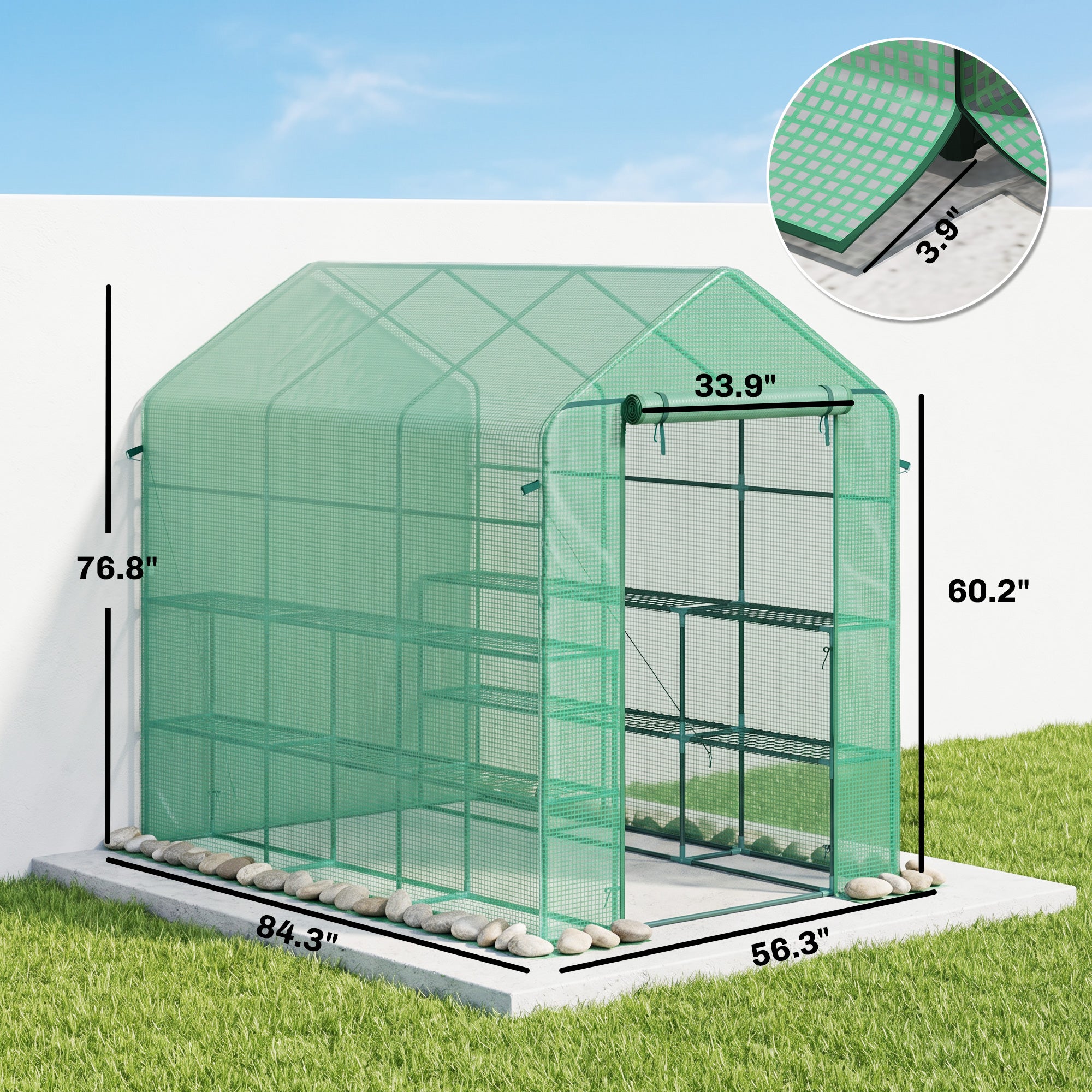 7' x 5' x 6' Walk-in Greenhouse for Outdoors with Mesh Door, 18 Shelf Hot House with Trellis, Plant Labels, UV Protective, Steel Frame for Growing Flowers, Herbs, Vegetables, Saplings, Green