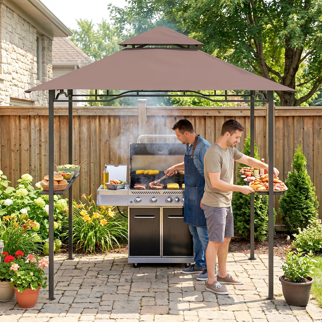 8' x 5' Grill Gazebo with Double Roof, Outdoor BBQ Canopy Gazebo with 2 Side Shelves for Patio Yard Garden Coffee
