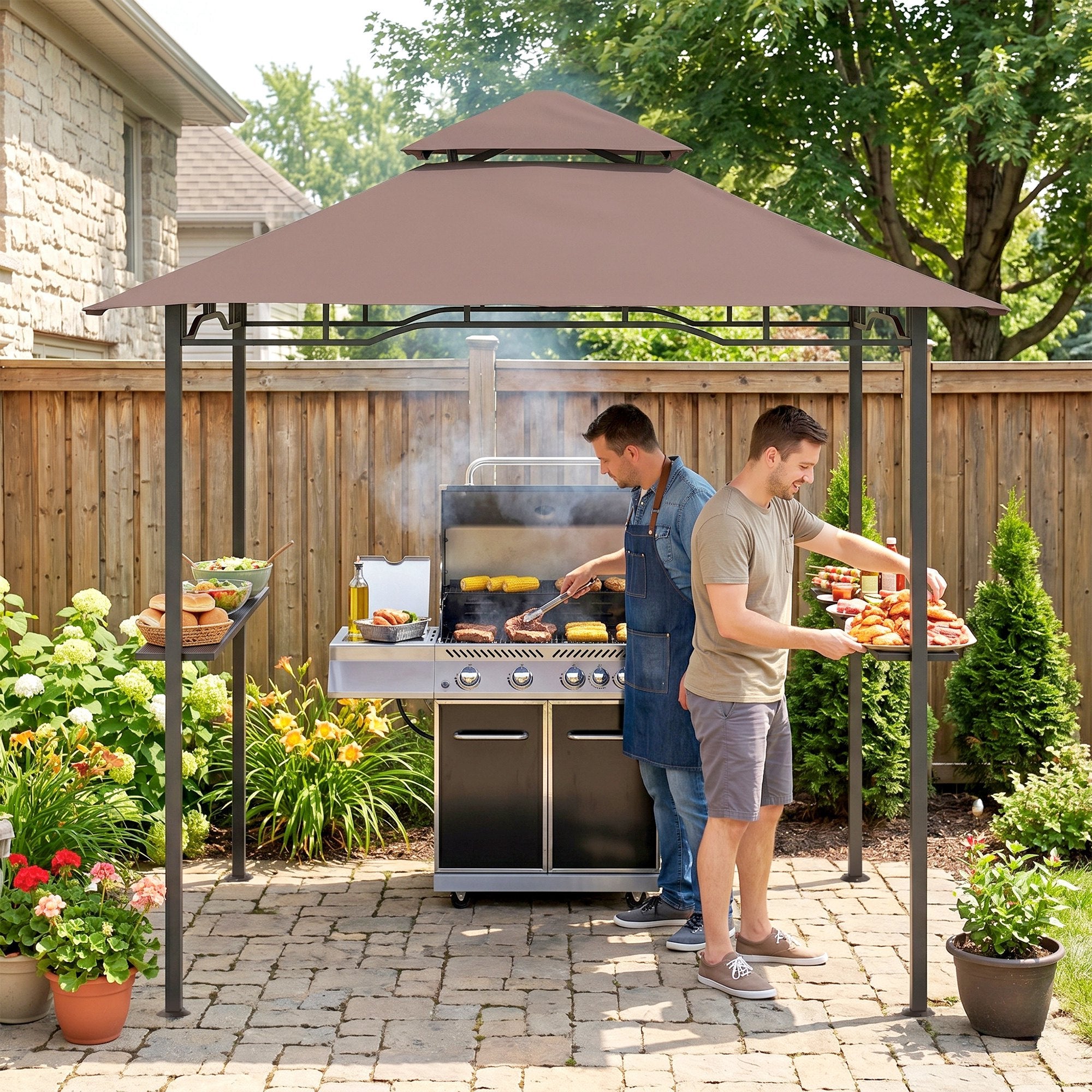 8' x 5' Grill Gazebo with Double Roof, Outdoor BBQ Canopy Gazebo with 2 Side Shelves for Patio Yard Garden Coffee