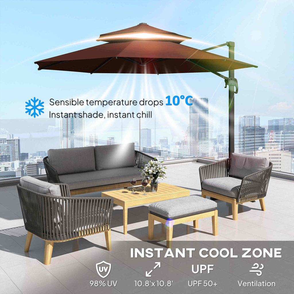 11ft Cantilever Patio Umbrella with Base, Double Top Hanging Aluminum Offset Umbrella with 360° Rotation, Easy Tilt, 8 Ribs, Crank, Cross Base for Backyard, Brown