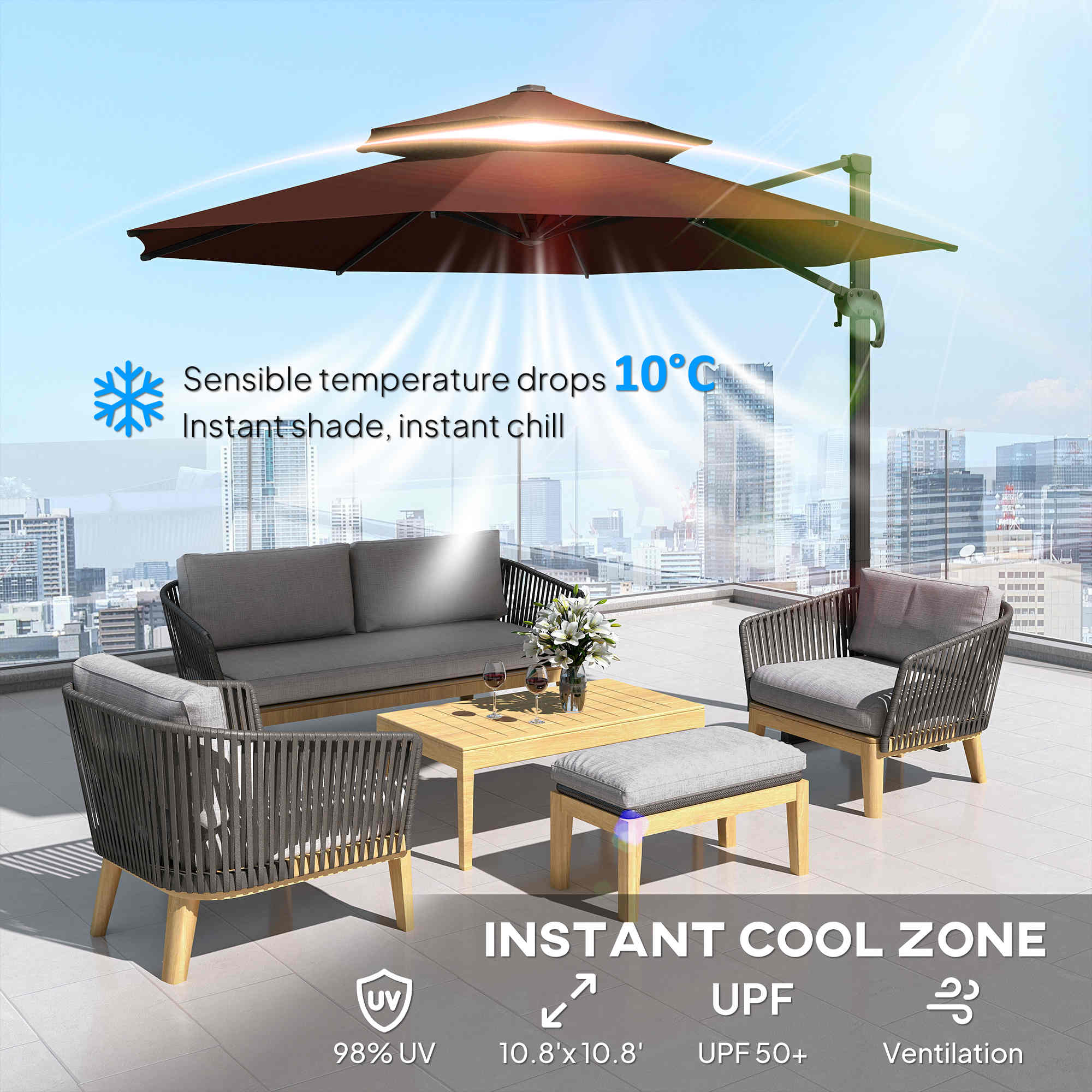 11ft Cantilever Patio Umbrella with Base, Double Top Hanging Aluminum Offset Umbrella with 360° Rotation, Easy Tilt, 8 Ribs, Crank, Cross Base for Backyard, Brown