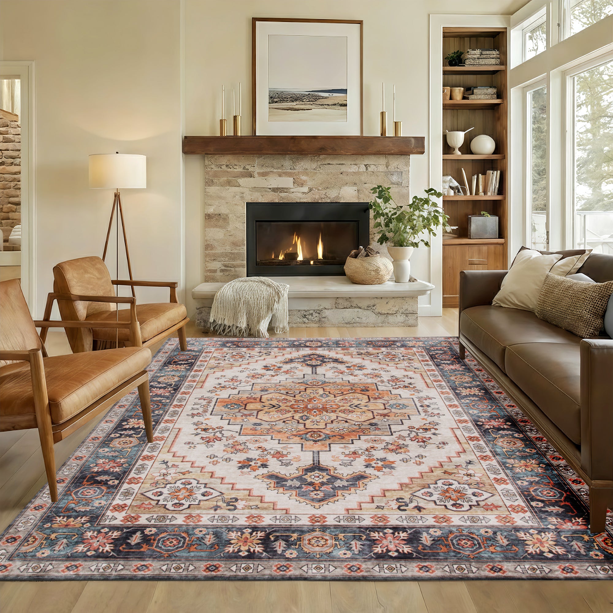 Area Rug 5x7, Machine Washable Rug, Non-Slip Boho Print Pattern Medallion Carpet for Living Room, Bedroom, Tawny Brown