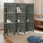 6 Panel 67" Tall Wood Privacy Screen Room Divider with 3 Shelves and Folding Storage for Bedroom, Gray