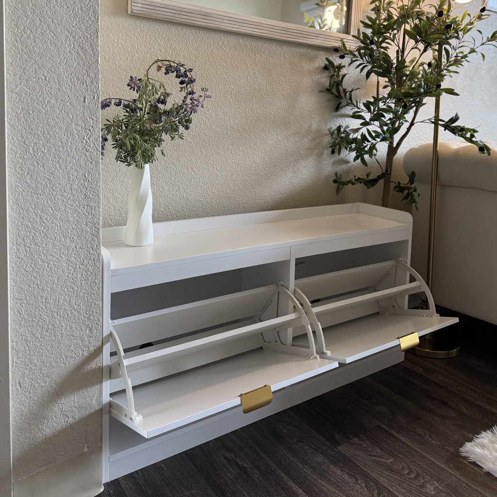 Narrow Storage Bench, Upholstered Entry Way Bench, Shoe Rack Bench with 2 Flip Drawers, 2 Vents for 8 Pairs of Shoes