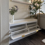 Narrow Storage Bench, Upholstered Entry Way Bench, Shoe Rack Bench with 2 Flip Drawers, 2 Vents for 8 Pairs of Shoes
