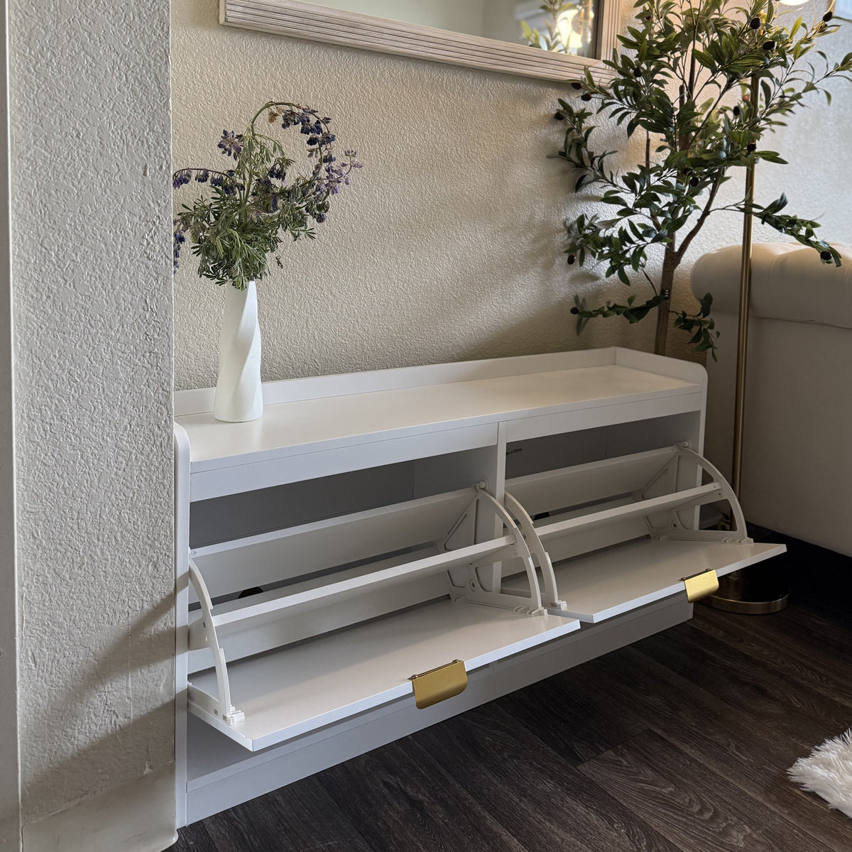 Narrow Storage Bench, Upholstered Entry Way Bench, Shoe Rack Bench with 2 Flip Drawers, 2 Vents for 8 Pairs of Shoes
