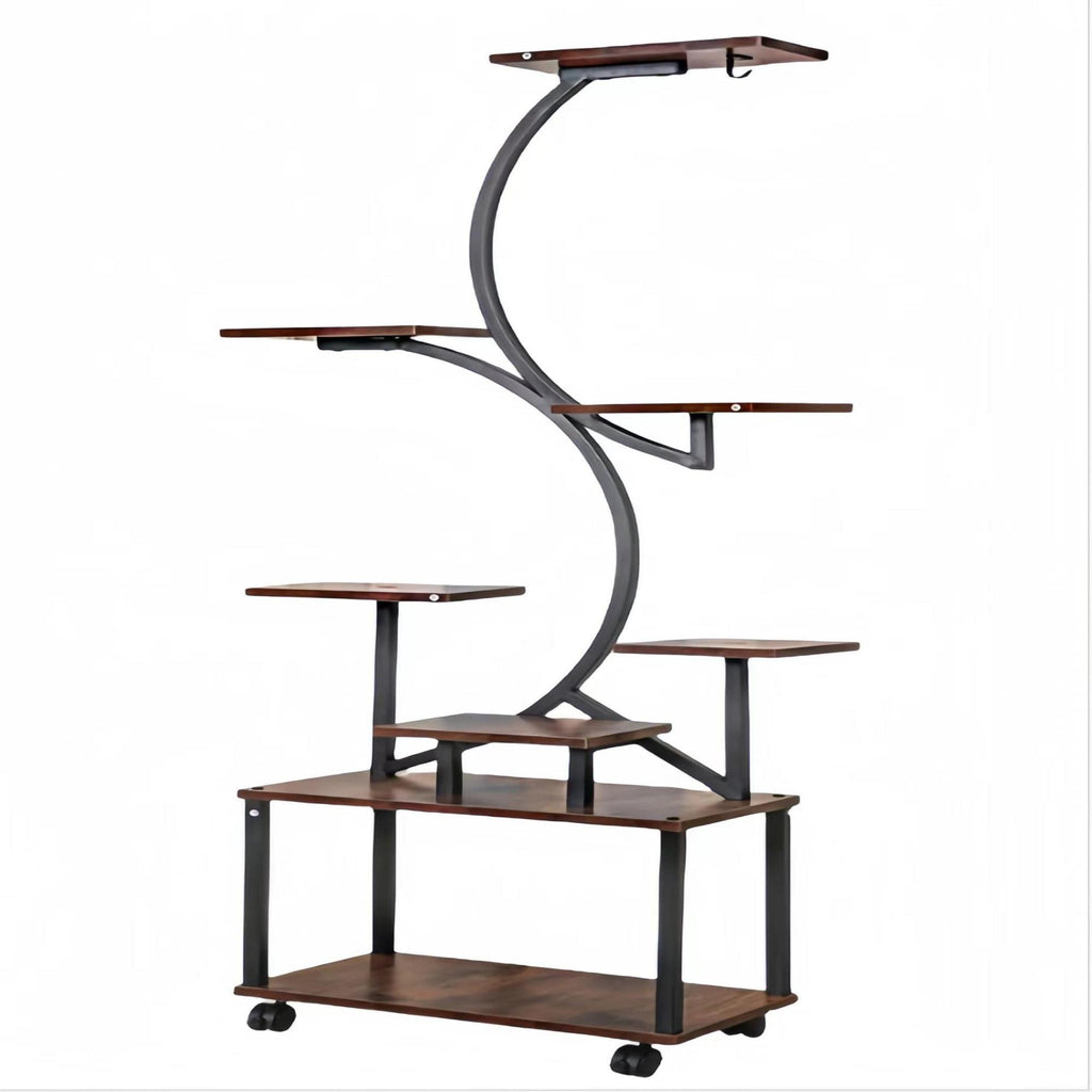 8-Tier Indoor Plant Stand with Grow Lights, Metal Plant Shelf, S-Shaped Design for Home and Patio, 19.5" L x 10" W x 61" H, Black+Dark Walnut