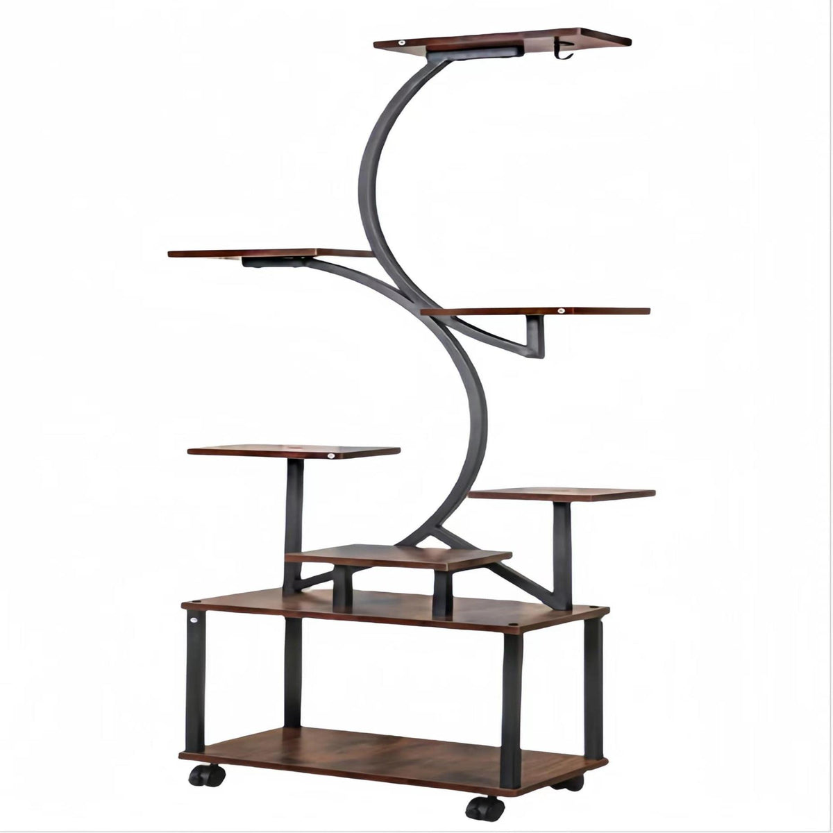 8-Tier Indoor Plant Stand with Grow Lights, Metal Plant Shelf, S-Shaped Design for Home and Patio, 19.5" L x 10" W x 61" H, Black+Dark Walnut