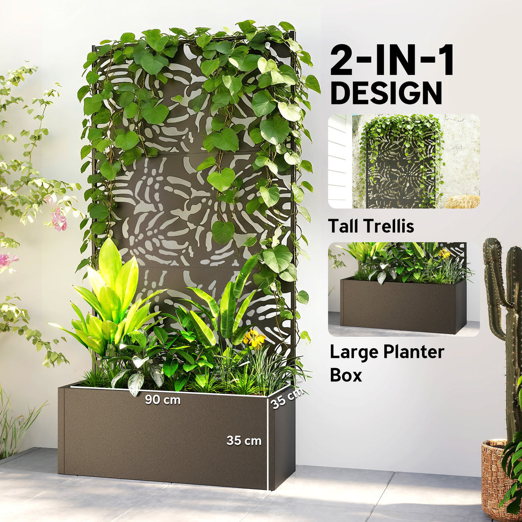 Metal Planter Box with Trellis, 71" Tall Raised Garden Bed with Privacy Screen and Drainage Holes, Banana-Leaf Cut-Outs