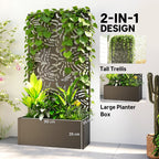 Metal Planter Box with Trellis, 71" Tall Raised Garden Bed with Privacy Screen and Drainage Holes, Banana-Leaf Cut-Outs