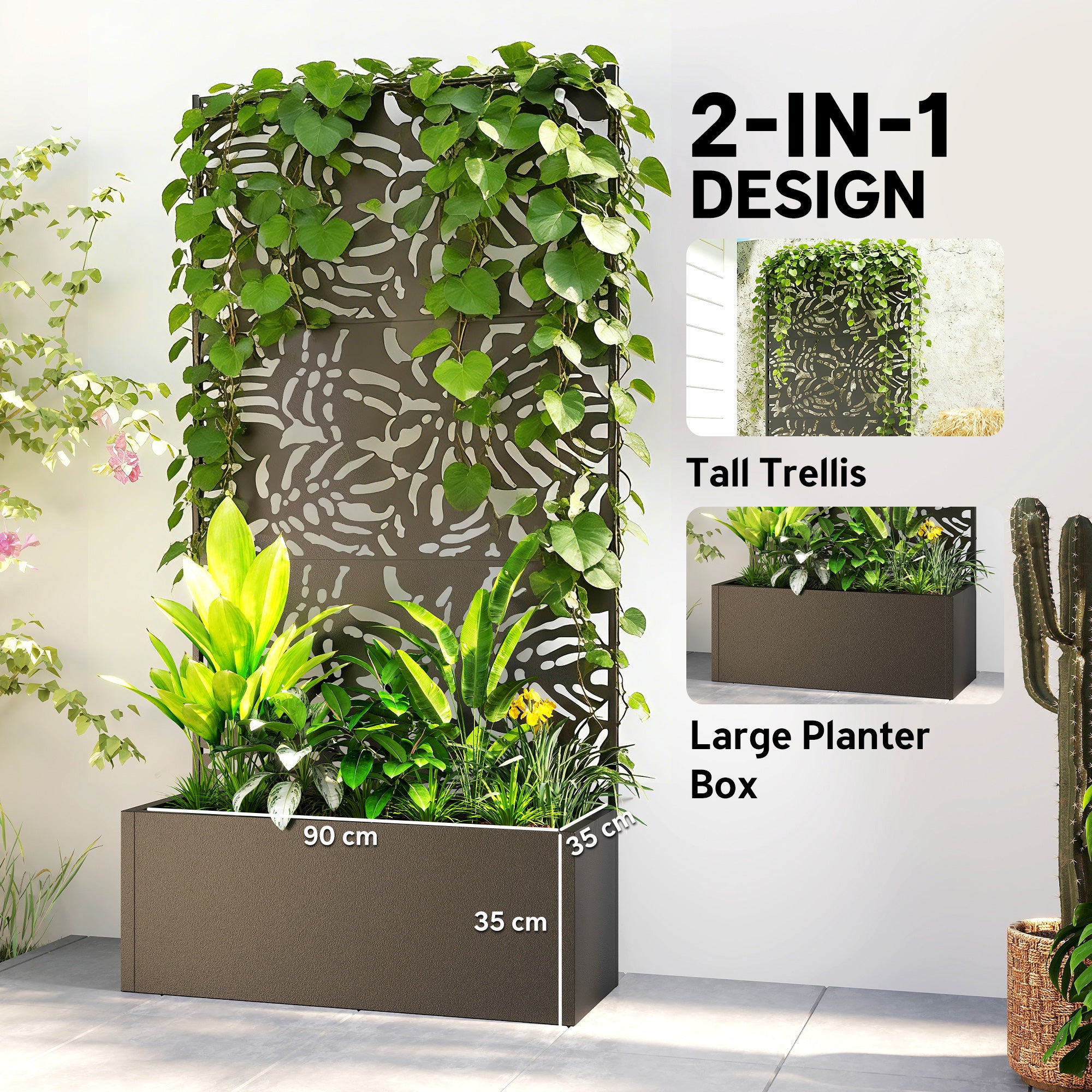 Metal Planter Box with Trellis, 71" Tall Raised Garden Bed with Privacy Screen and Drainage Holes, Banana-Leaf Cut-Outs