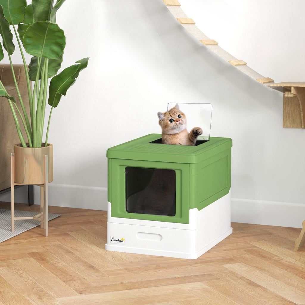 Fully Enclosed Cat Litter Box with Front Entry, Top Exit, Yellowish Green