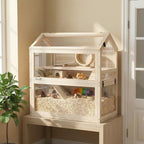 Wooden Hamster Cage, 3-Tier Small Animal Cage with Hut, Seesaw, Ramps, Exercise Wheel, Acrylic Panel and Bottom Tray