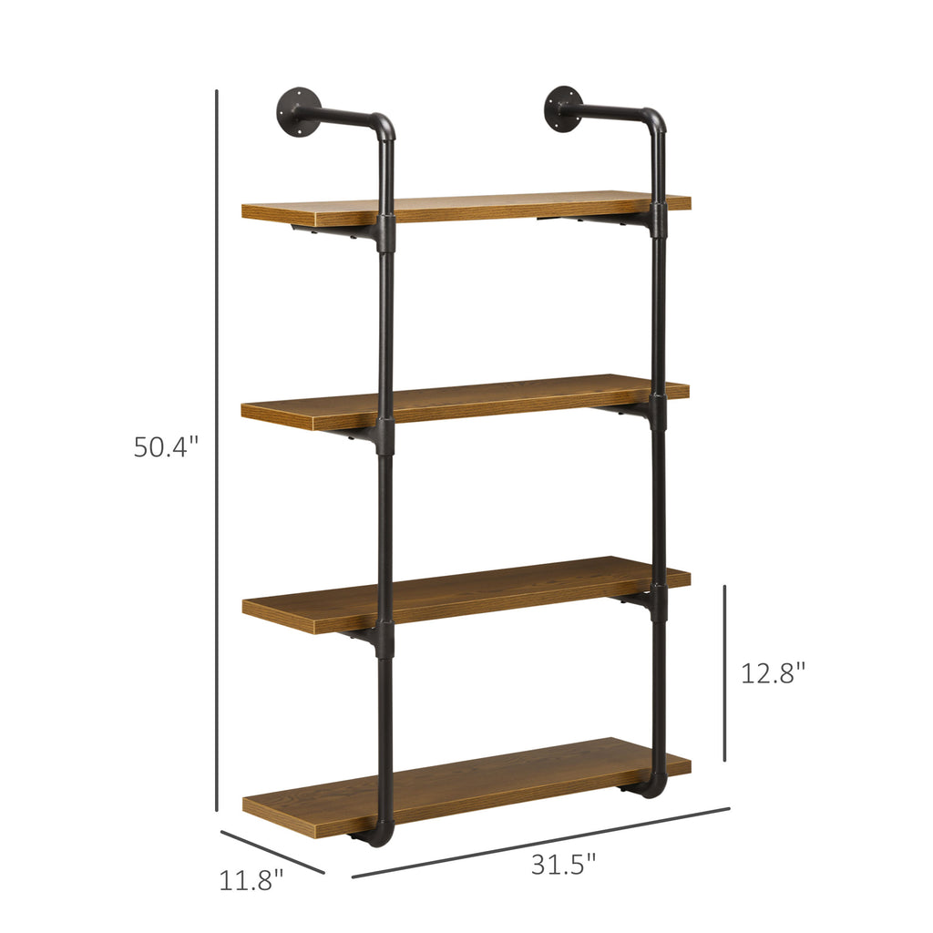 4-Tier Industrial Pipe Shelves Floating Wall Mounted Bookshelf, Metal Frame Display Rack, Rustic Brown