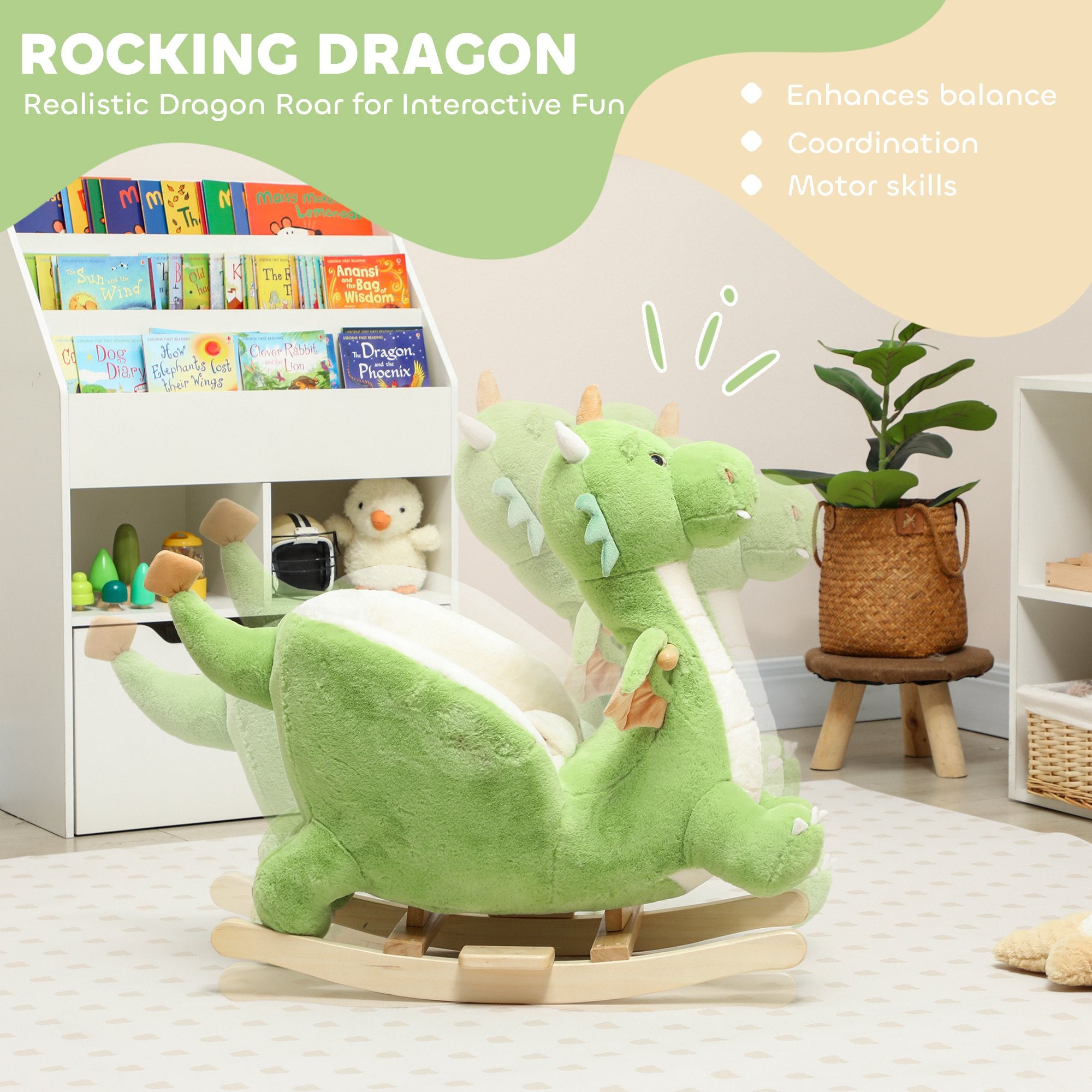 Baby Rocking Horse, Kids Ride On Dragon Toy with Realistic Dragon Roar and Safety Belt for Kids 18–36 Months, Green