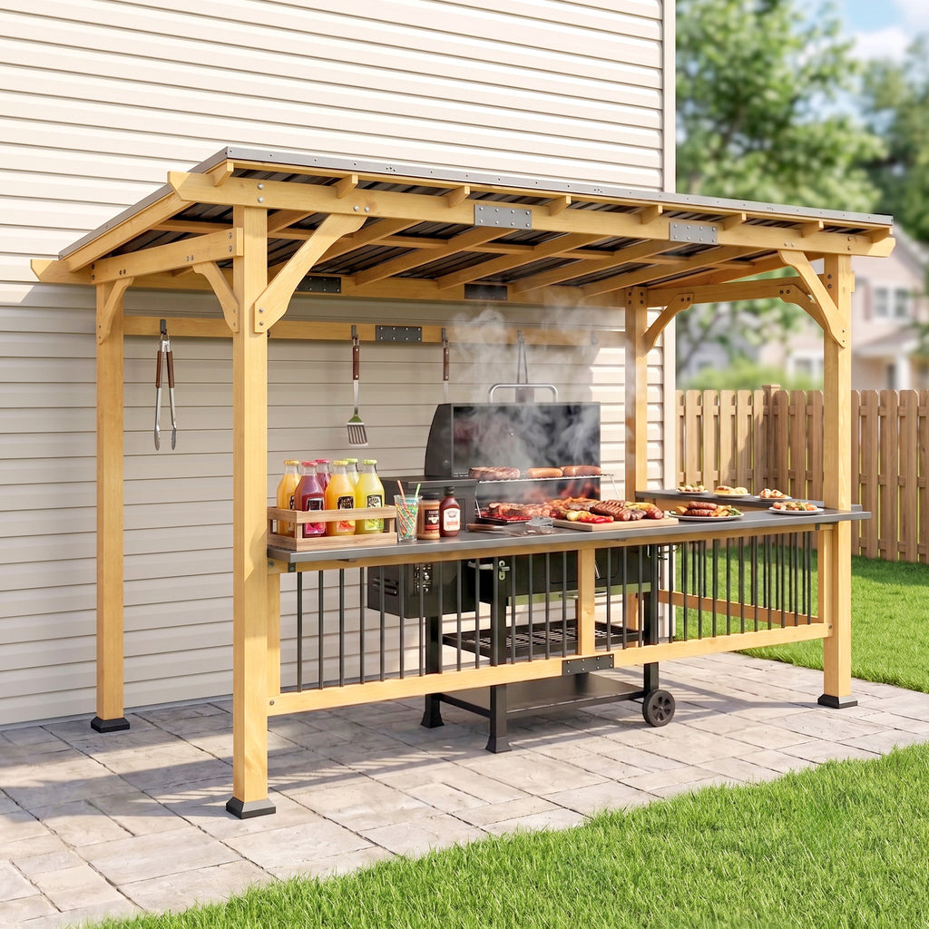 13' x 6' Wooden BBQ Grill Gazebo, Outdoor Hardtop Grill Gazebo with Metal Roof, 2 Bar Shelves and 6 Hooks, Natural