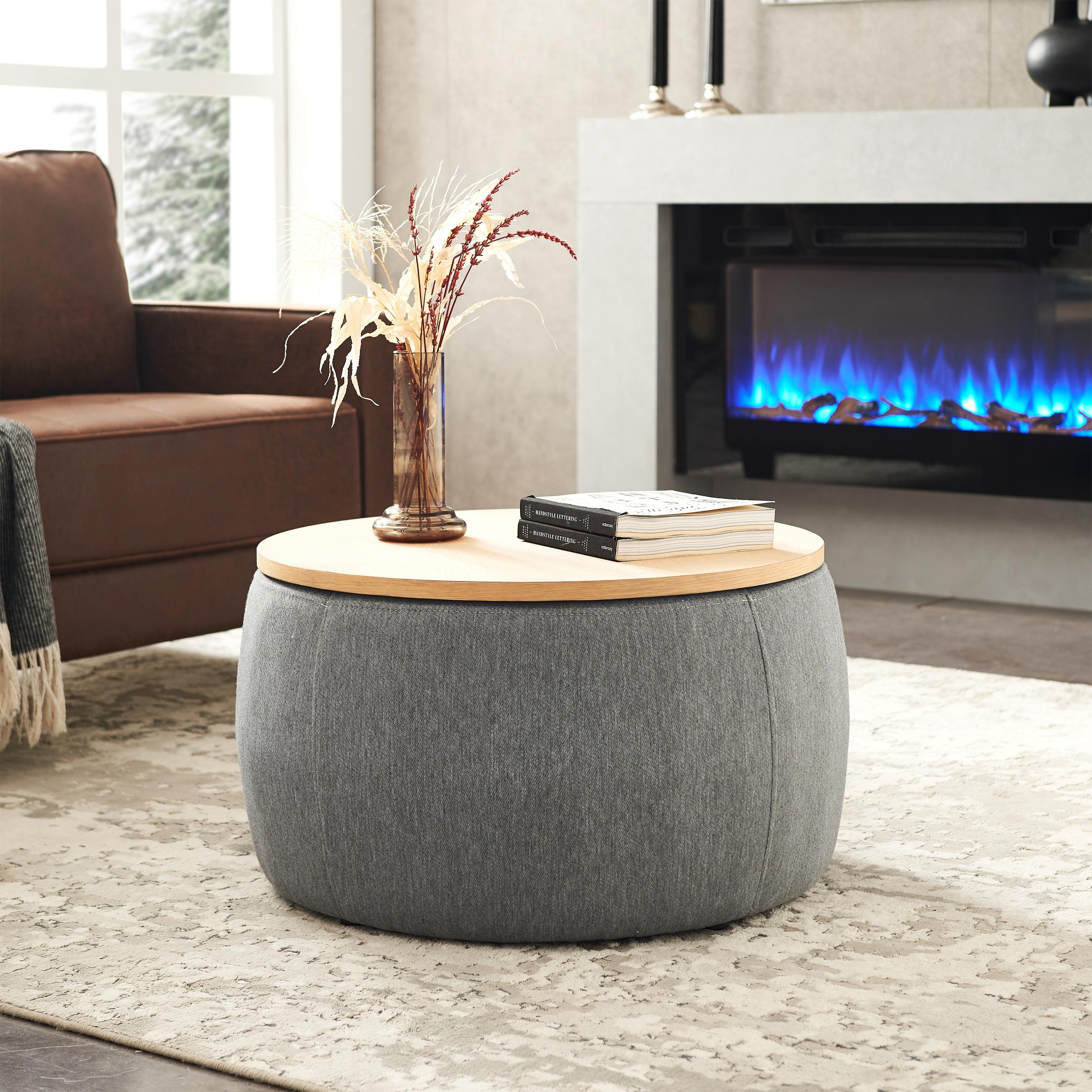 2-in-1 Round Storage Ottoman with Removable Lid, Hidden Storage, End Table & Ottoman for Living Room, 25.5" L x 25.5" W x 14.5" H, Dark Grey