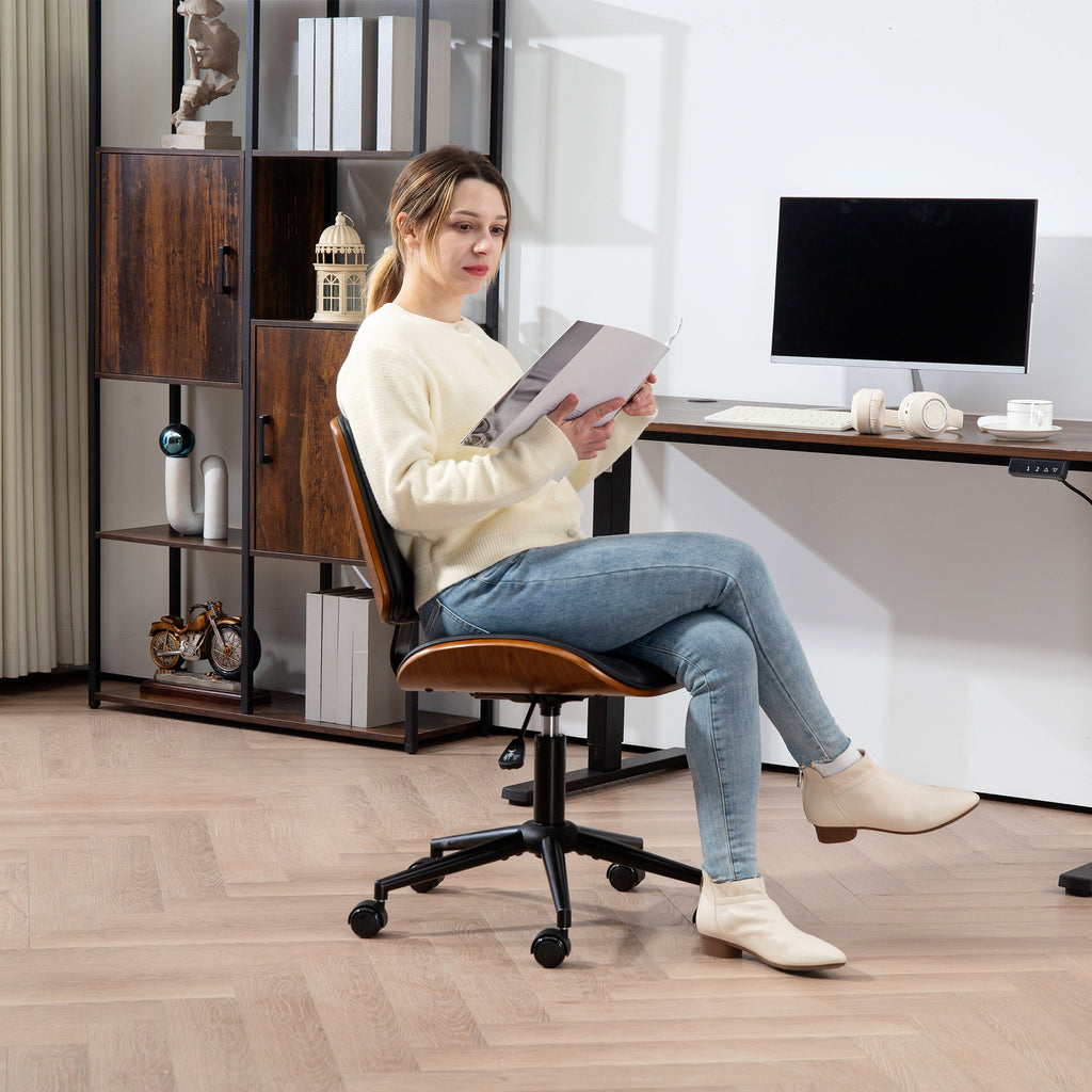 Home Office Chair No Arms with Wheels, PU Leather Desk Chair with Adjustable Height, 360 Swivel for Reading, Black