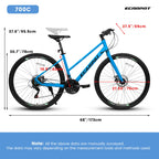 21-Speed 700C Wheels Hybrid Road Bike for Adults, Steel Frame with Dual-Disc Brakes, 85% Pre-Assembled, 68" L x 27.5" W x 37.5" H, Black+Blue